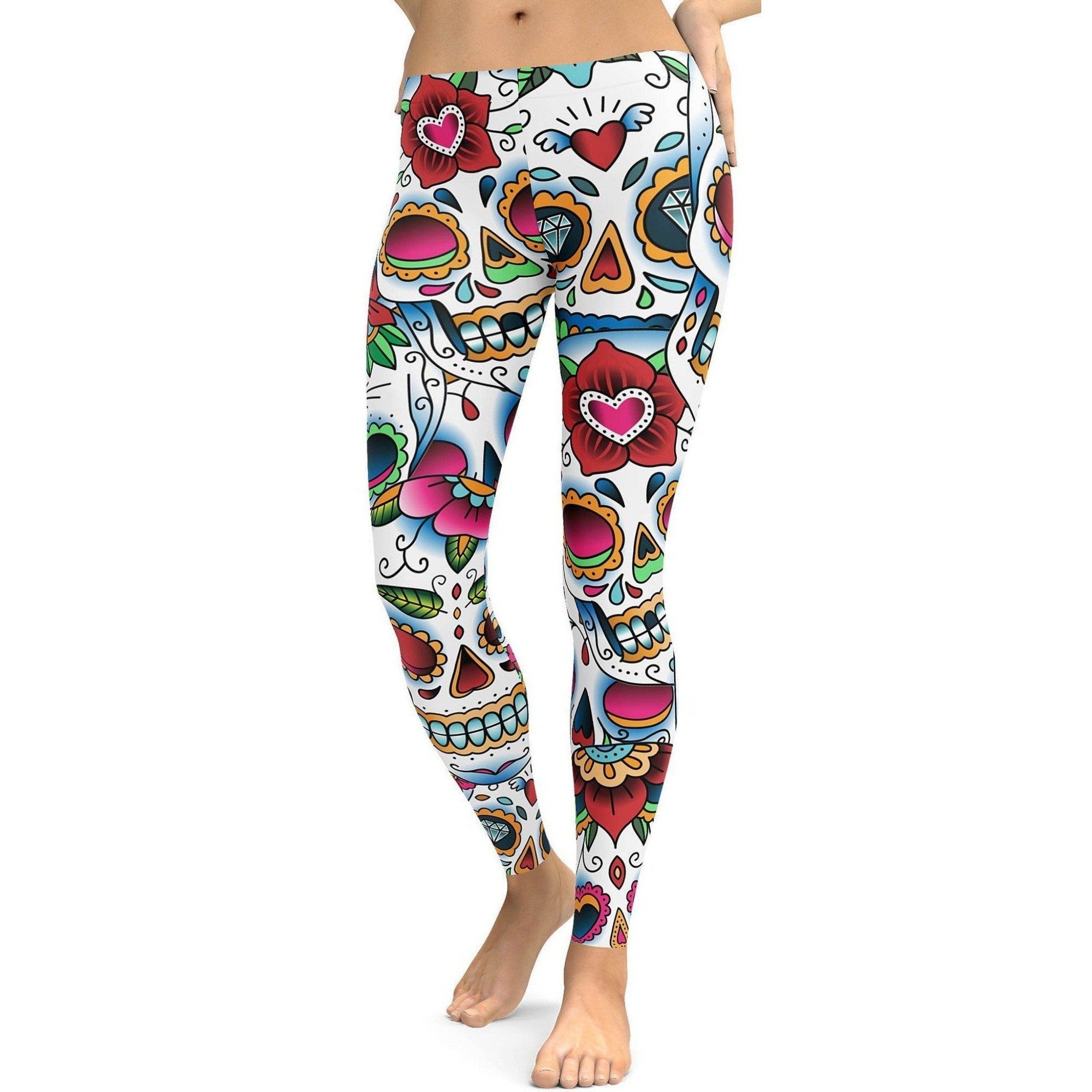 Womens Workout Yoga Colorful Dead - Sugar Skull Leggings White/Red/Green/Blue | Gearbunch.com