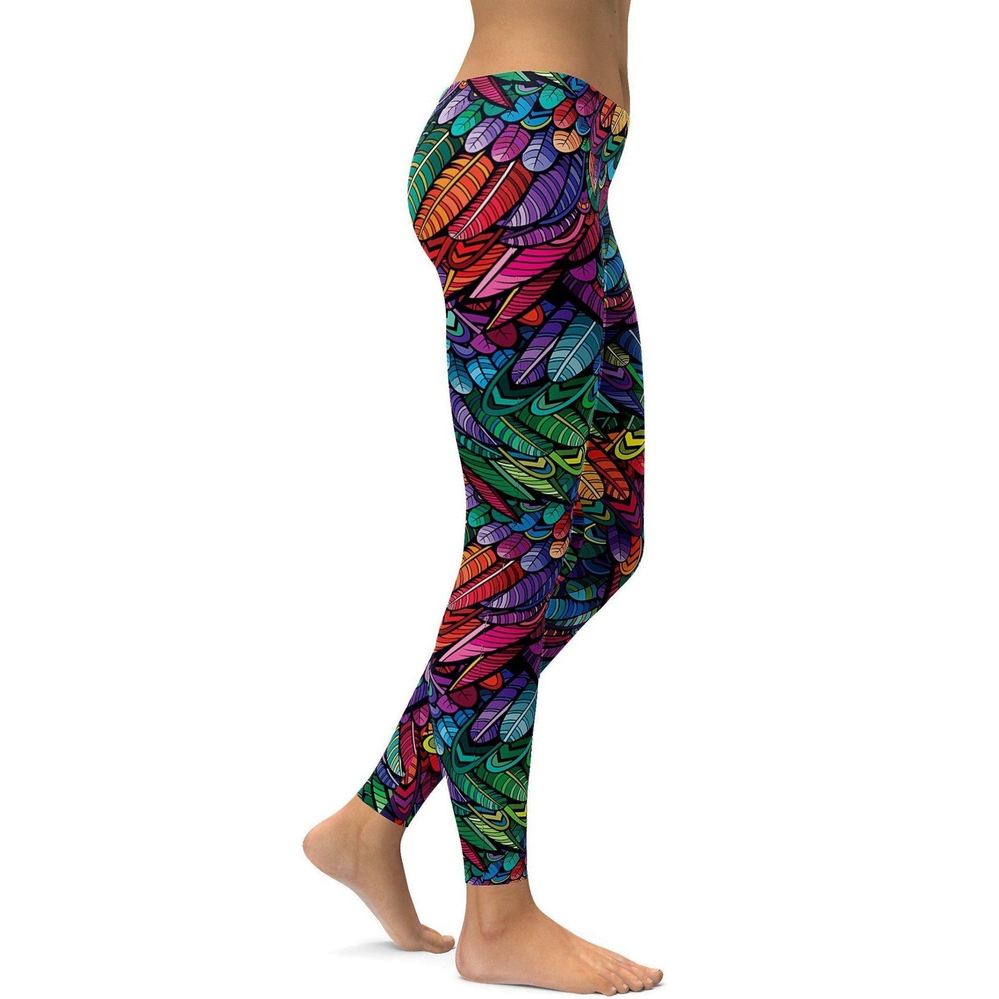 Womens Workout Yoga Colorful Feather Leggings Pink/Purple/Blue