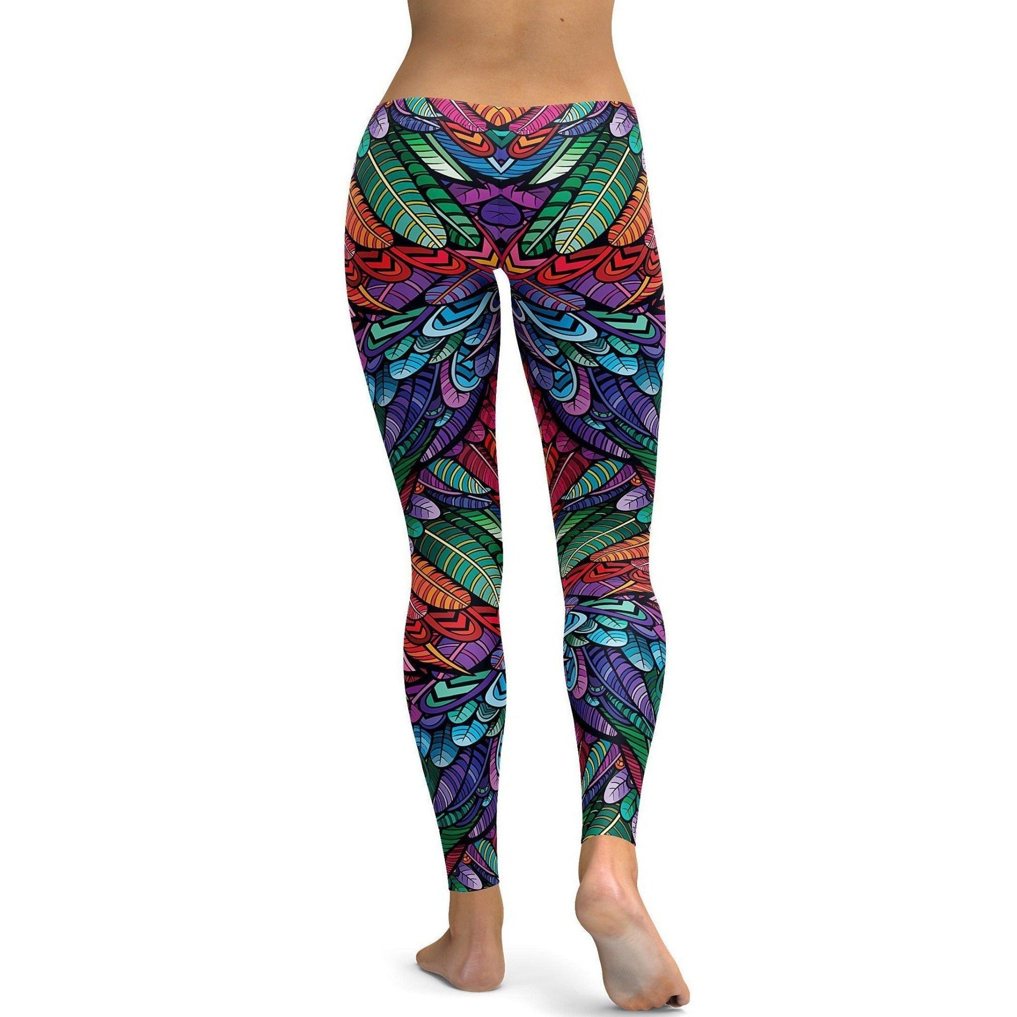 Womens Workout Yoga Colorful Feather Leggings with rainbow feathers | GearBunch