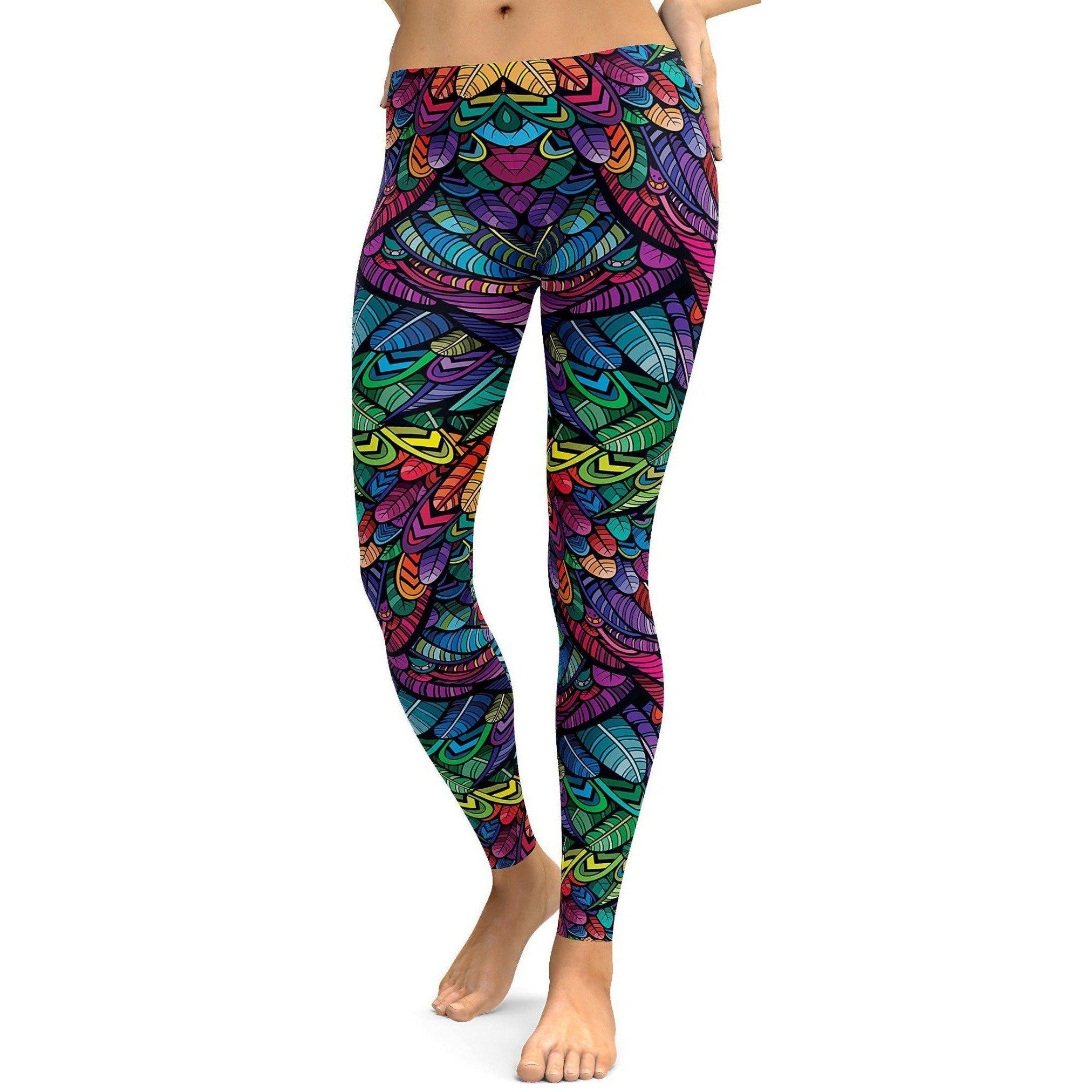 Womens Workout Yoga Colorful Feather Leggings Pink, Purple, Blue, Green