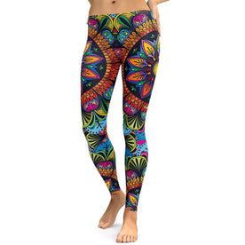 Rainbow Burst Mandala Flower Yoga Workout Leggings