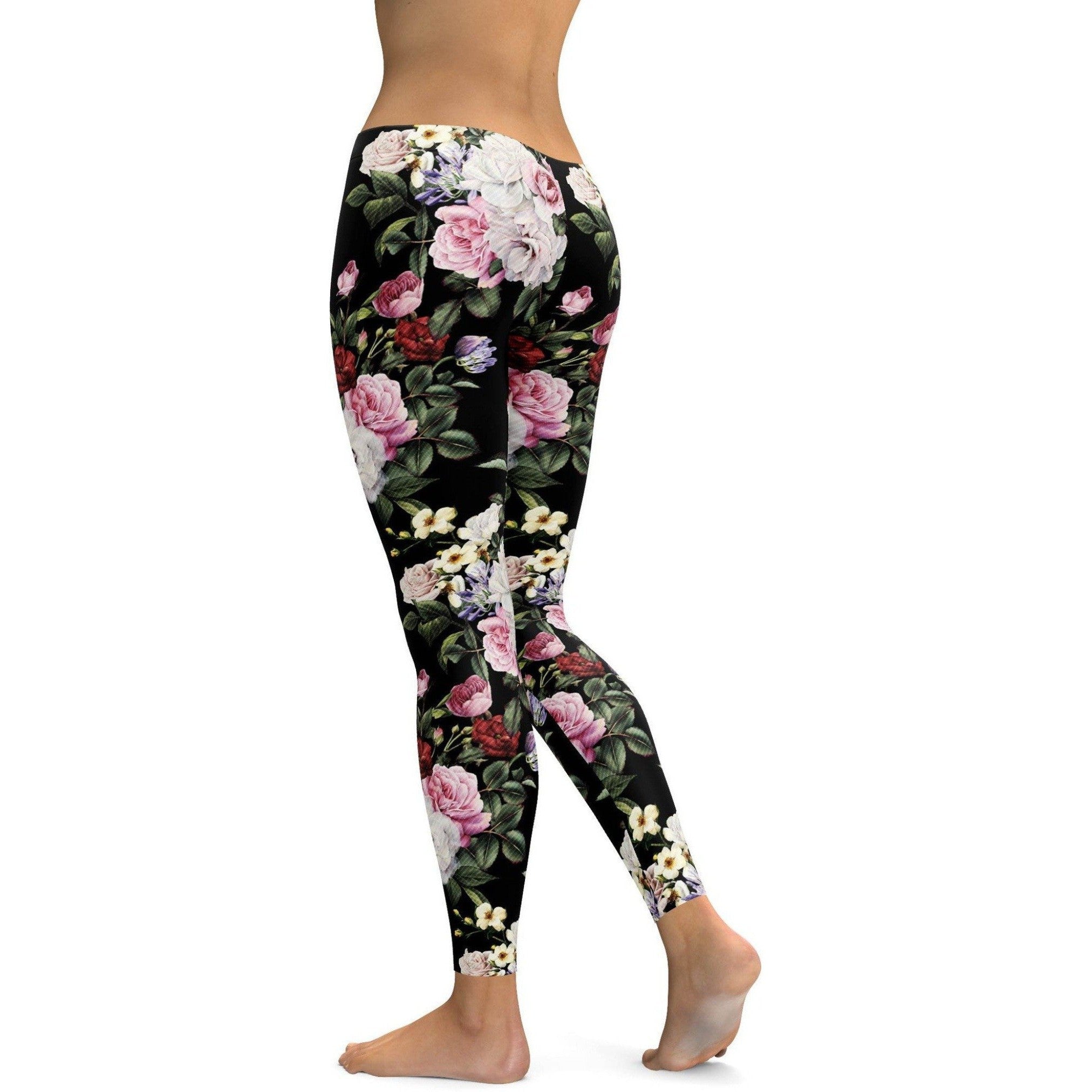 Womens Workout Yoga Colorful Roses Leggings Pink/White/Black | Gearbunch.com