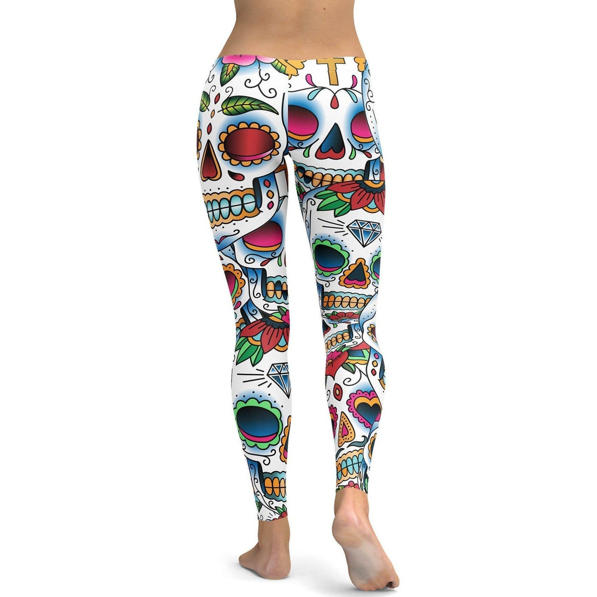 Womens Workout Yoga Colorful Dead - Sugar Skull Leggings White/Red/Green/Blue | Gearbunch.com