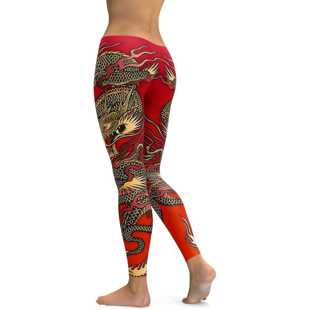 Womens Workout Yoga Chinese Dragon Leggings Red/White/Yellow