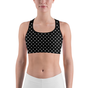 White Mini Hearts Black Sports Bra - Gearbunch