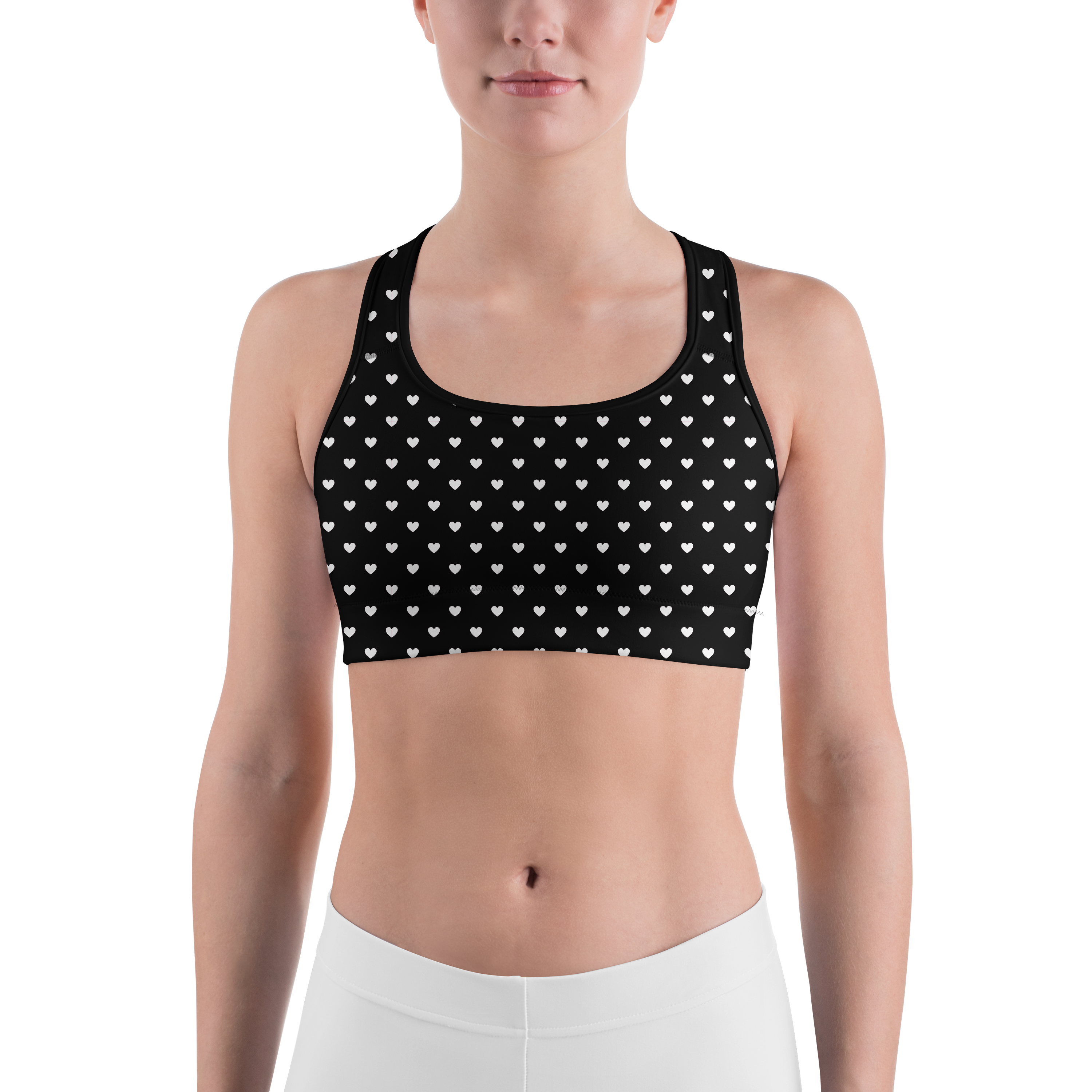 White Mini Hearts Black Sports Bra - Gearbunch