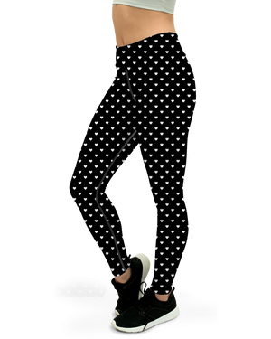 White Mini Hearts Black Yoga Pants - Gearbunch