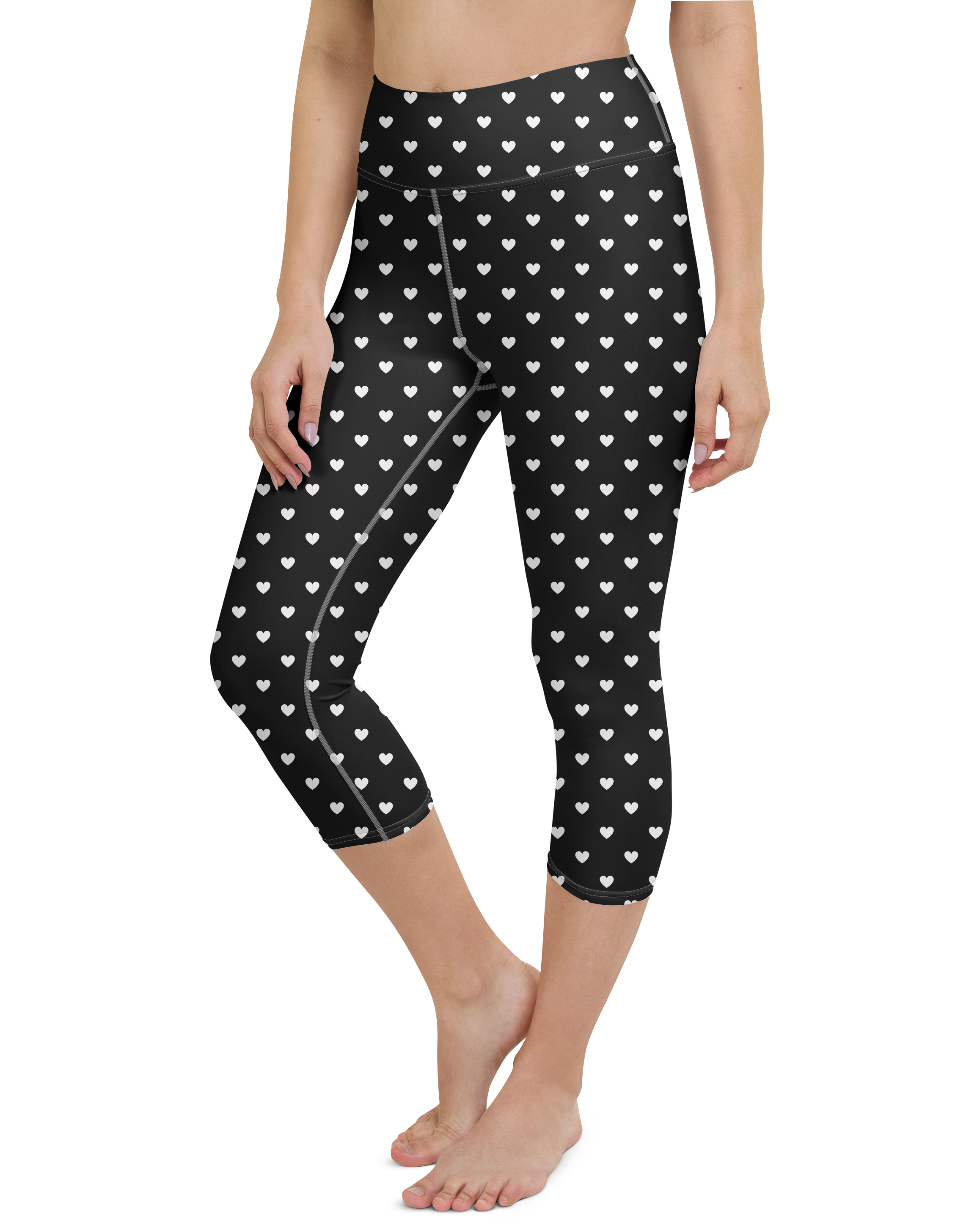 White Mini Hearts Black Yoga Capris - Gearbunch