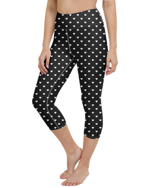 White Mini Hearts Black Yoga Capris - Gearbunch