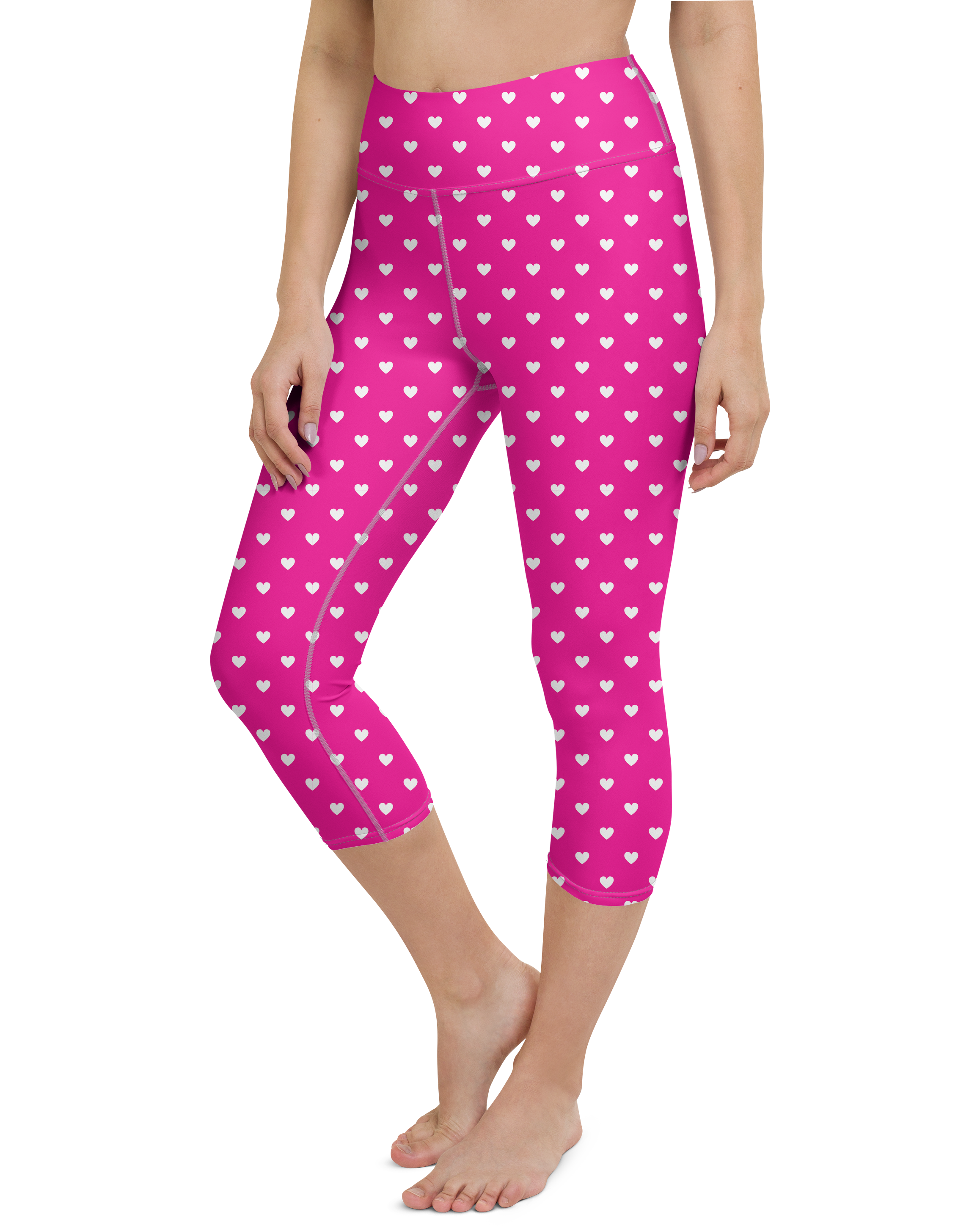 White Mini Hearts Pink Yoga Capris - Gearbunch