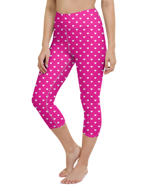 White Mini Hearts Pink Yoga Capris - Gearbunch