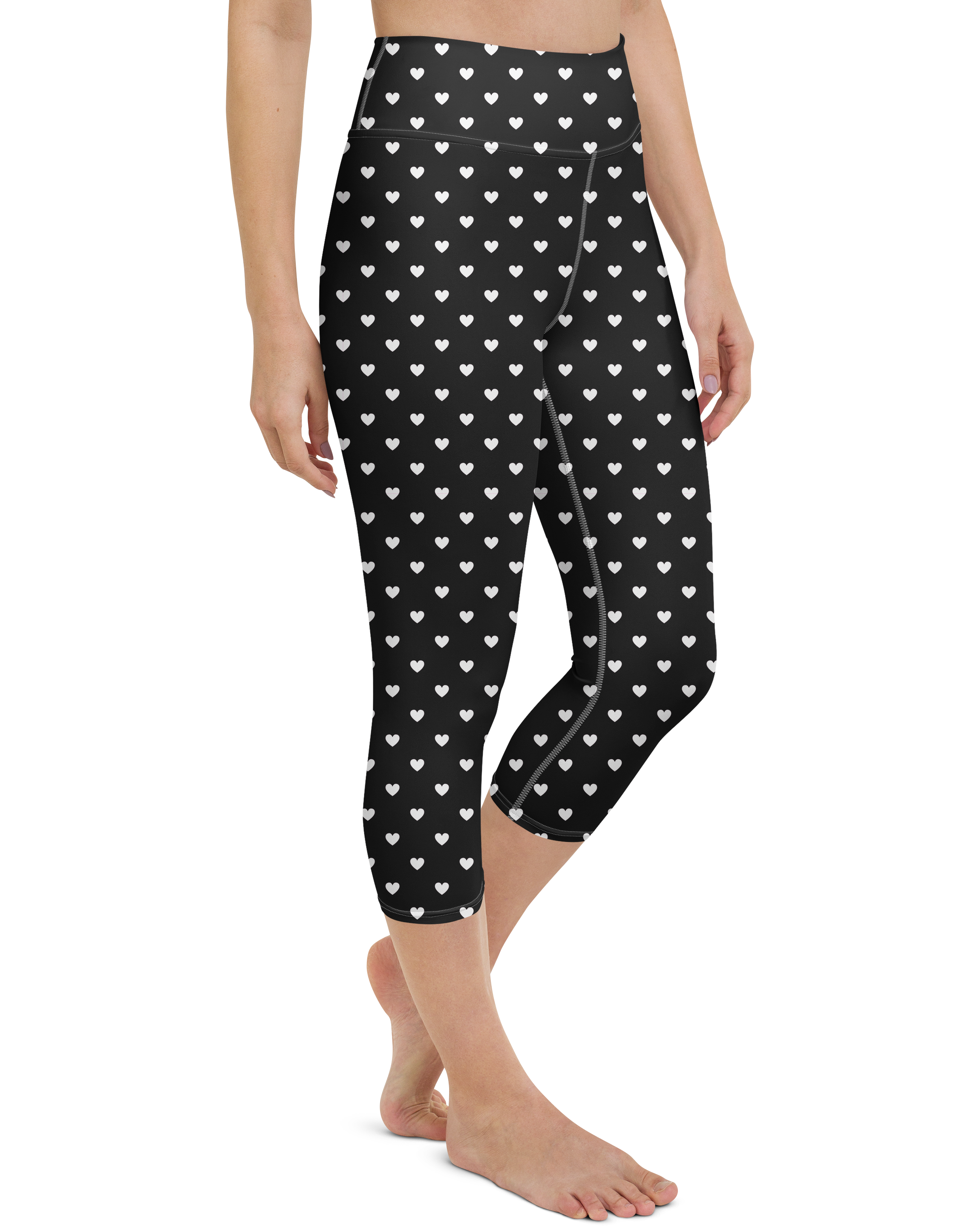 White Mini Hearts Black Yoga Capris - Gearbunch