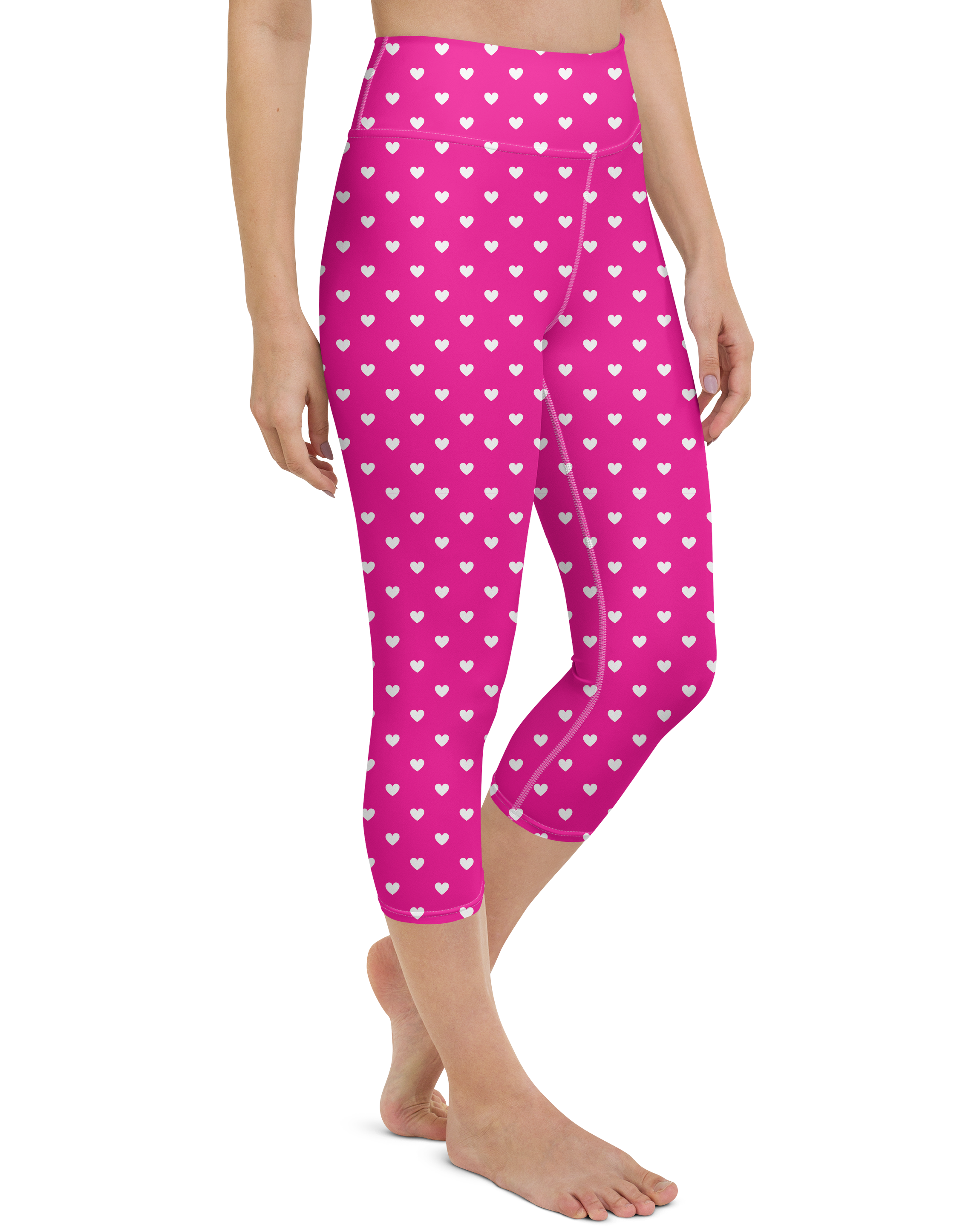 White Mini Hearts Pink Yoga Capris