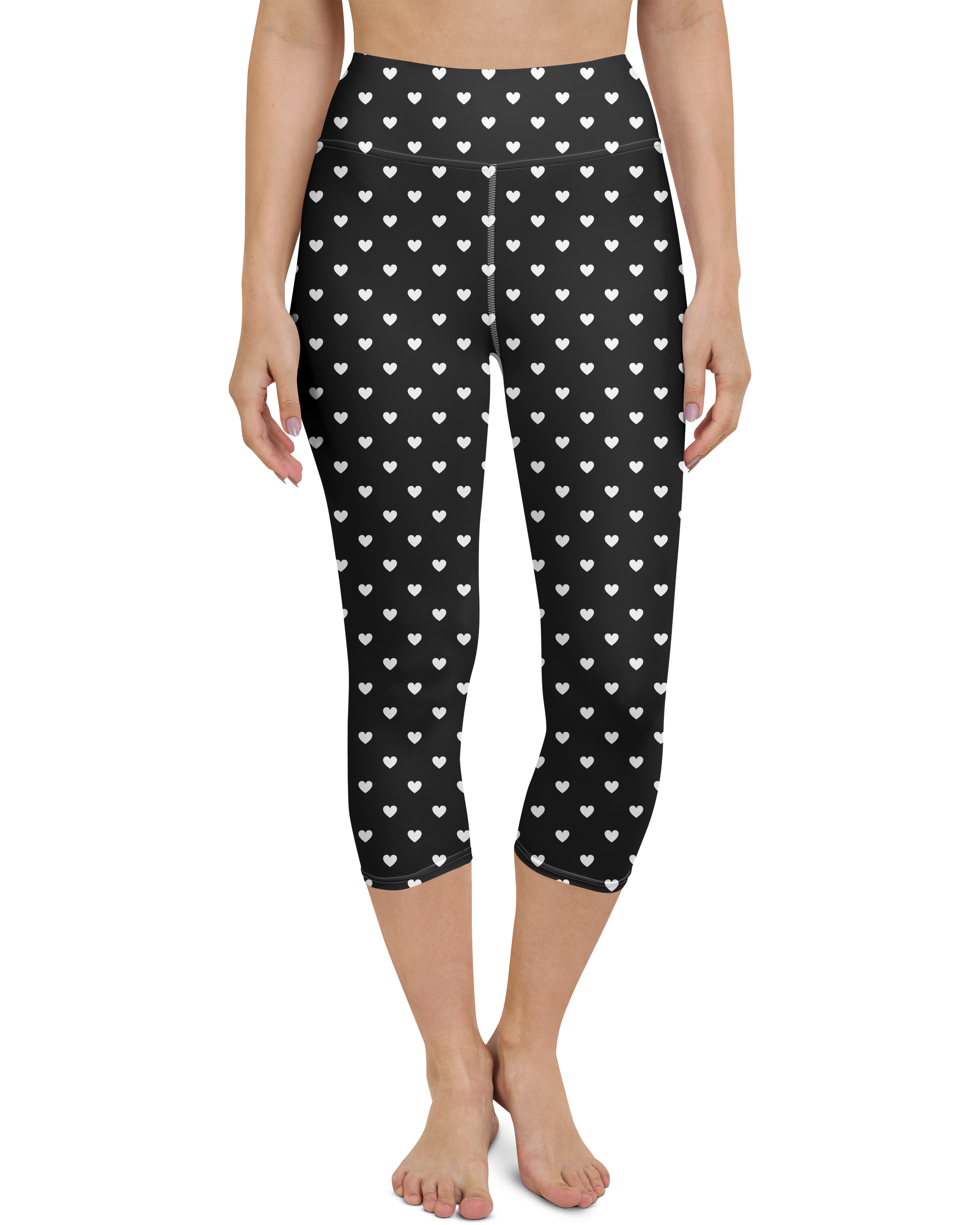 White Mini Hearts Black Yoga Capris - Gearbunch