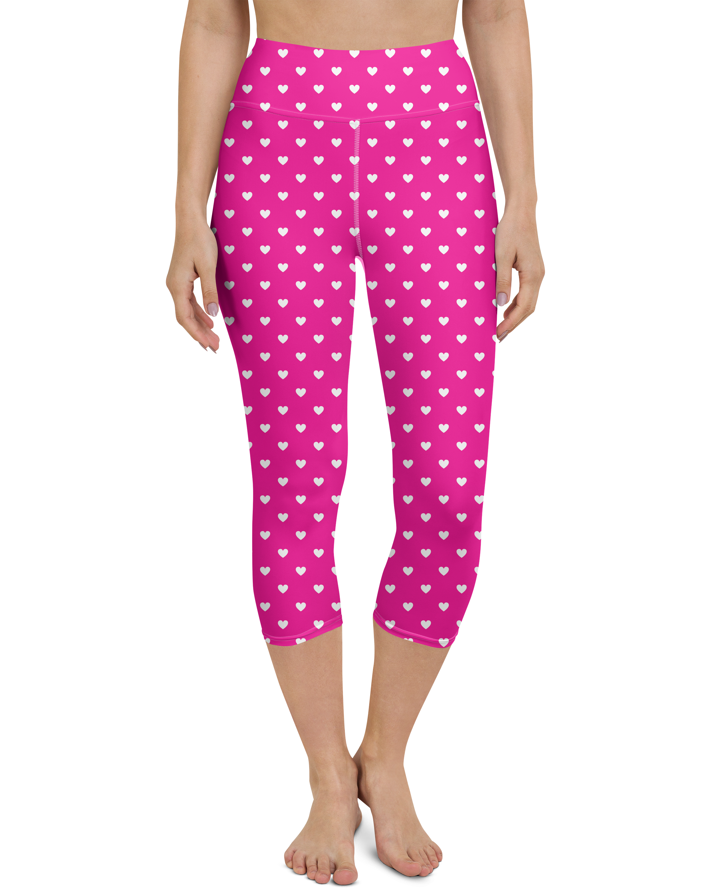 White Mini Hearts Pink Yoga Capris - Gearbunch