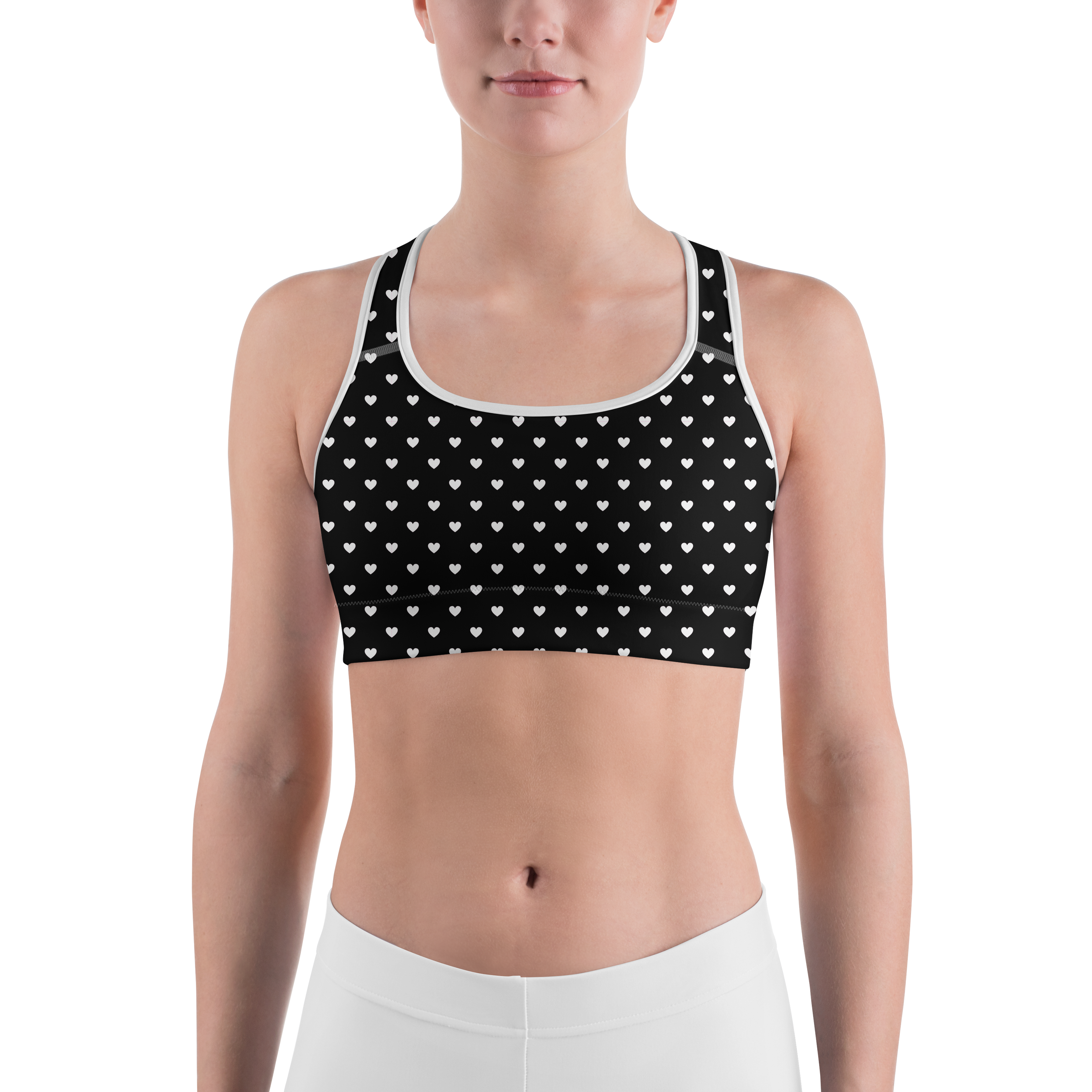 White Mini Hearts Black Sports Bra - Gearbunch