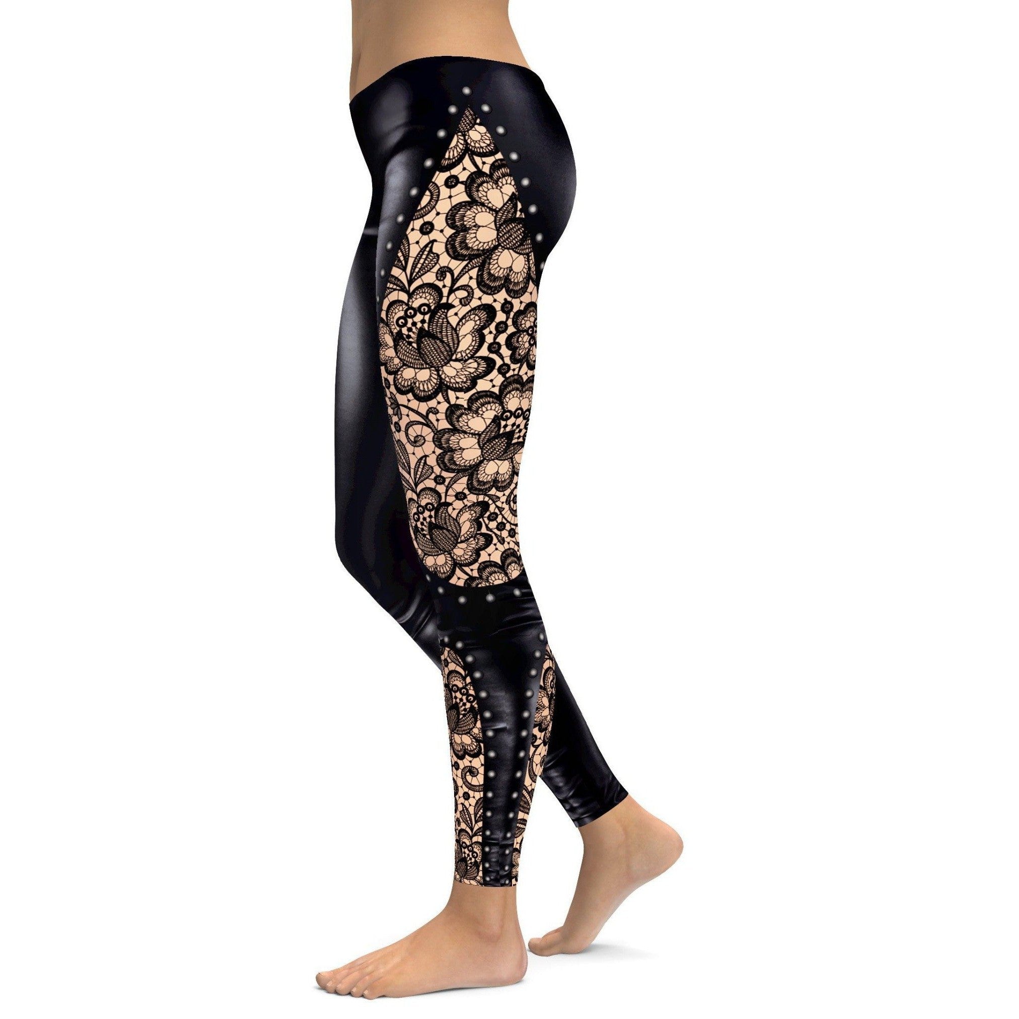 Womens Workout Yoga Black Faux Lace Leggings Grey/Black