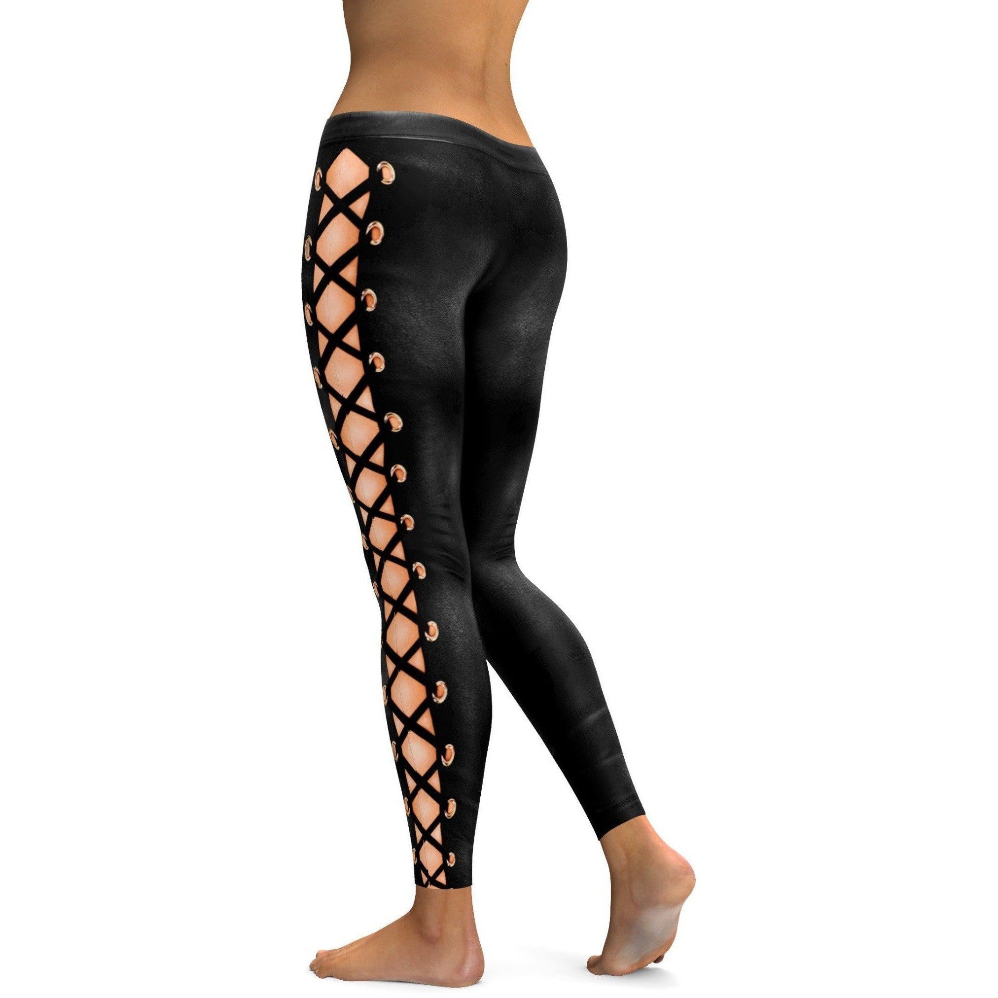 Womens Workout Yoga Faux Leather Lace Up Leggings Black/Brown | Gearbunch.com