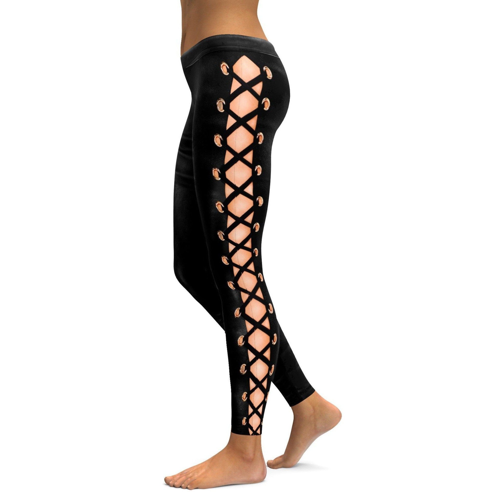 Womens Workout Yoga Faux Leather Lace Up Leggings Black/Brown
