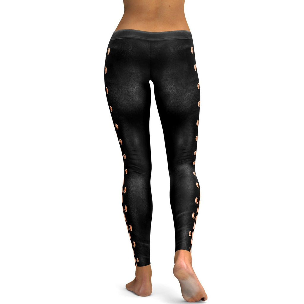 Womens Workout Yoga Faux Leather Lace Up Leggings Black/Brown