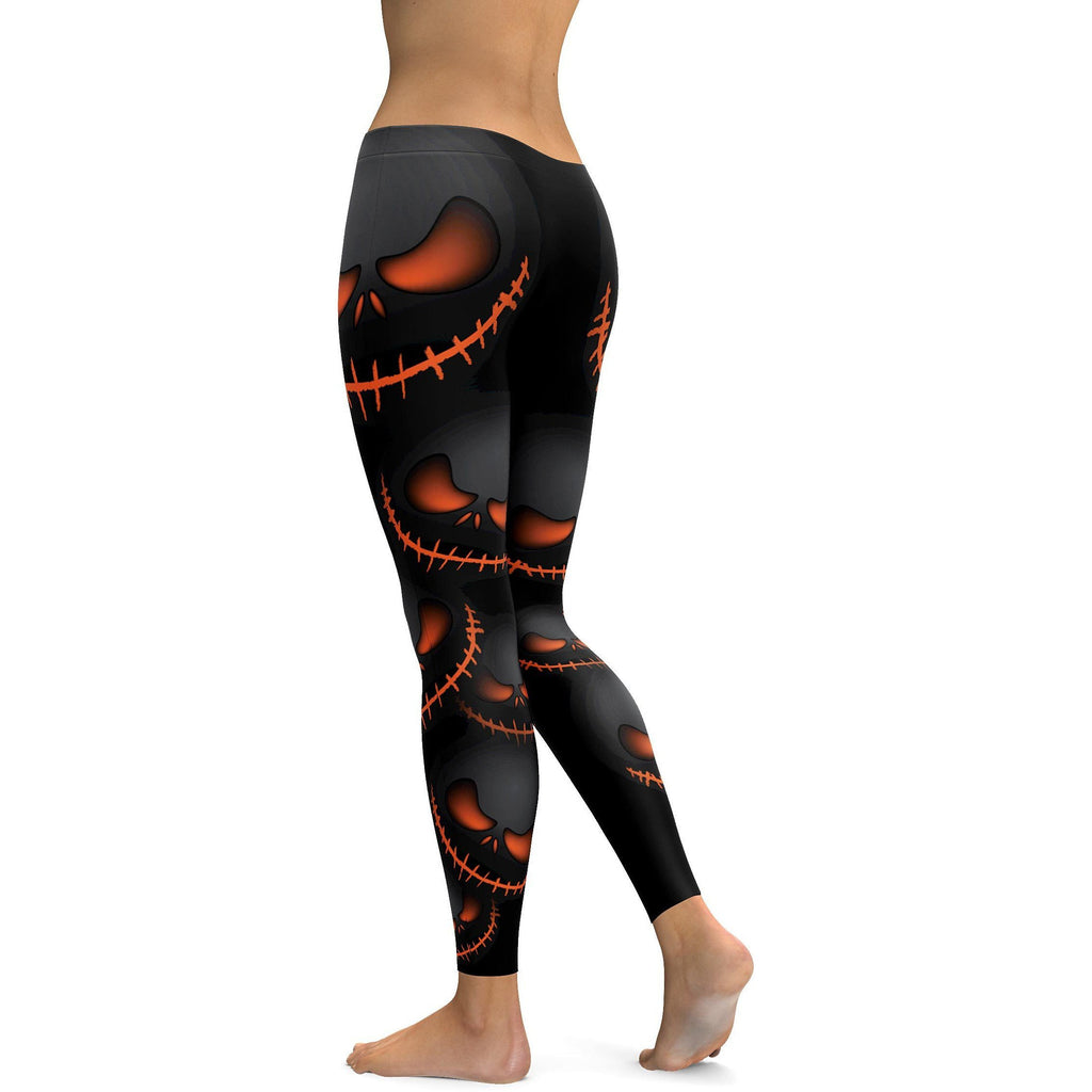 Womens Workout Yoga Halloween Evil Pumpkin Grin Leggings Black/Orange
