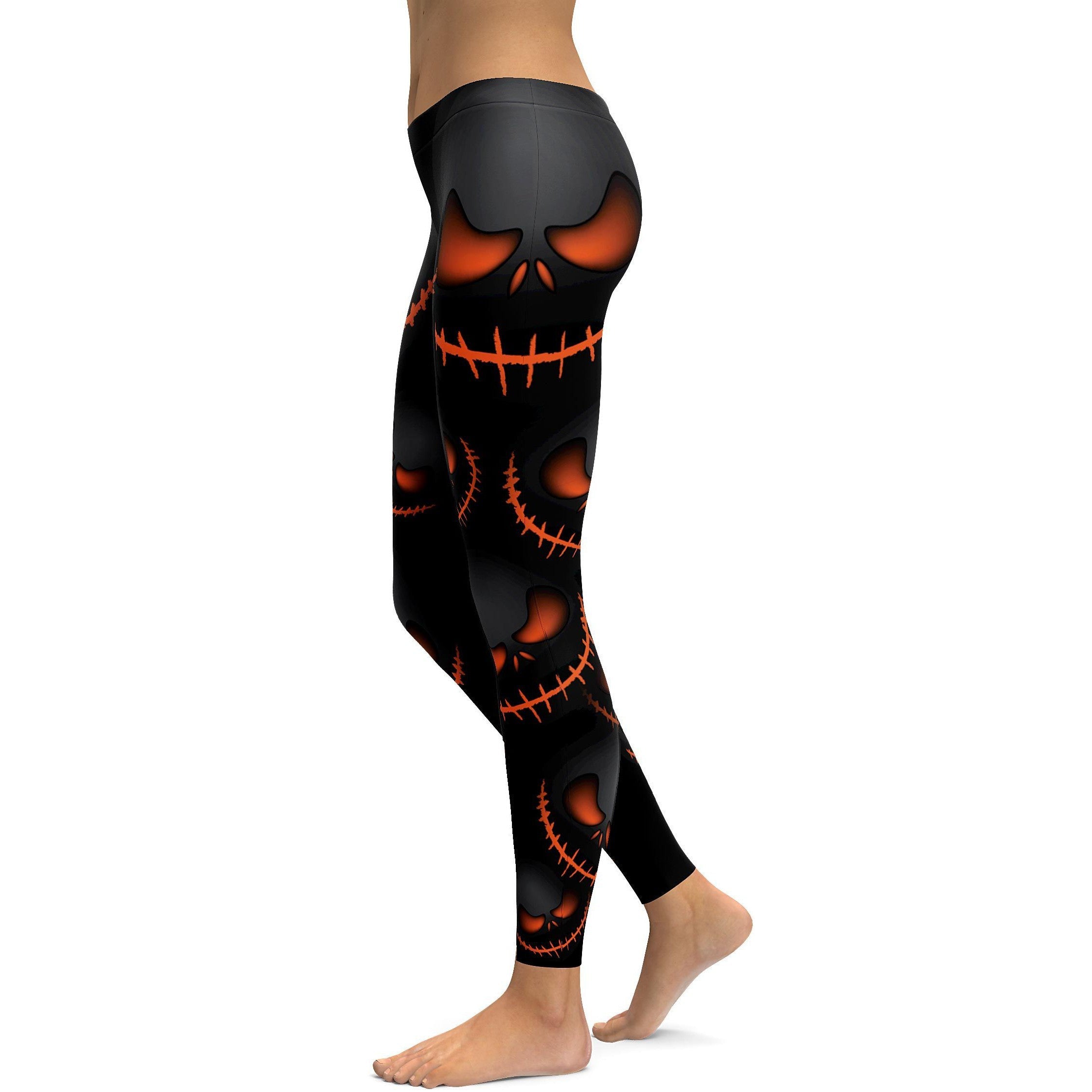 Womens Workout Yoga Halloween Evil Pumpkin Grin Leggings Black/Orange | Gearbunch.com