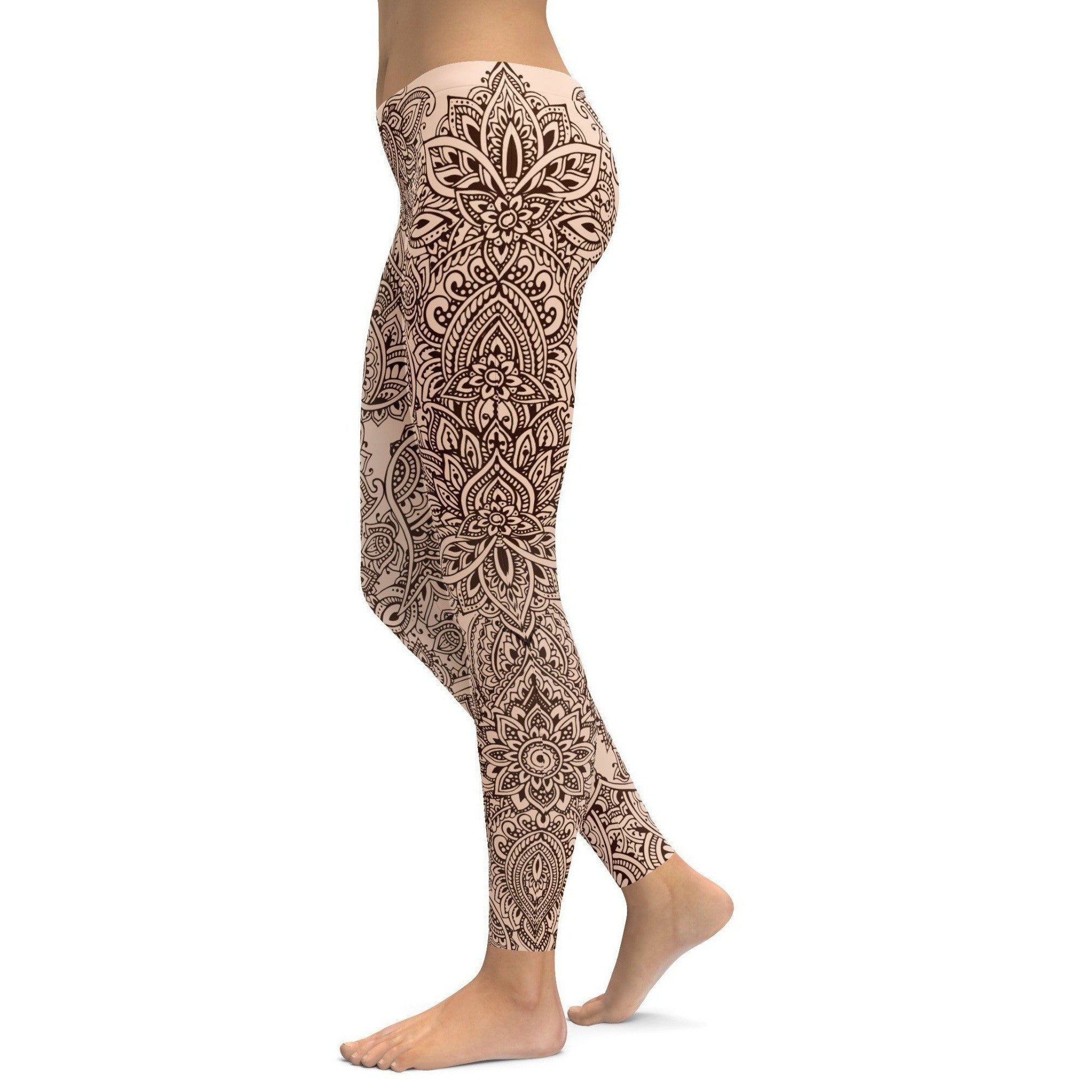 Womens Workout Yoga Henna Tattoo Leggings Brown/Black | Gearbunch.com