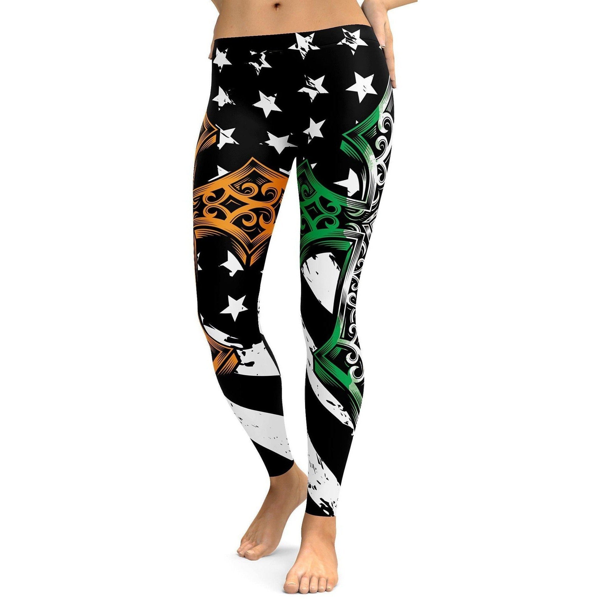 Womens Workout Yoga Irish Cross Leggings Black/Green/White | Geabunch.com