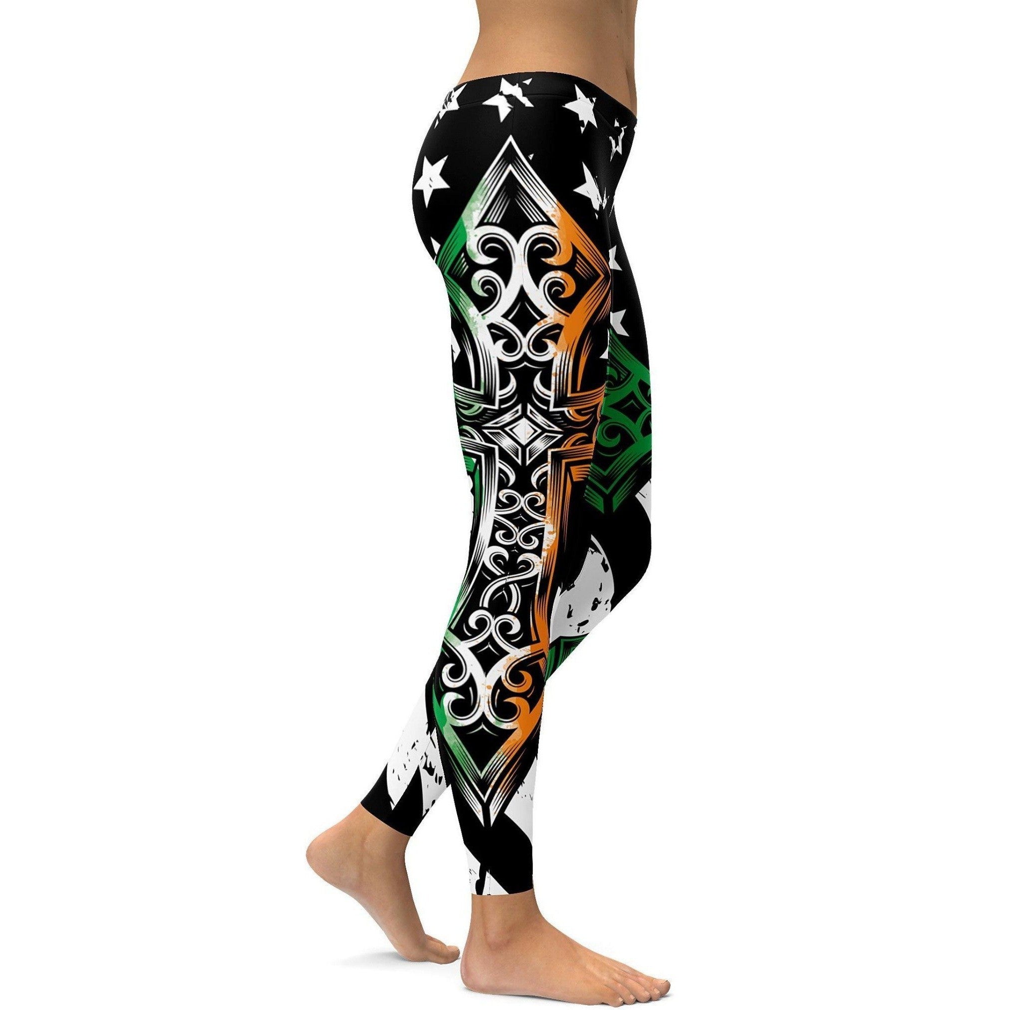 Womens Workout Yoga Irish Cross Leggings Black/Green/White | Geabunch.com