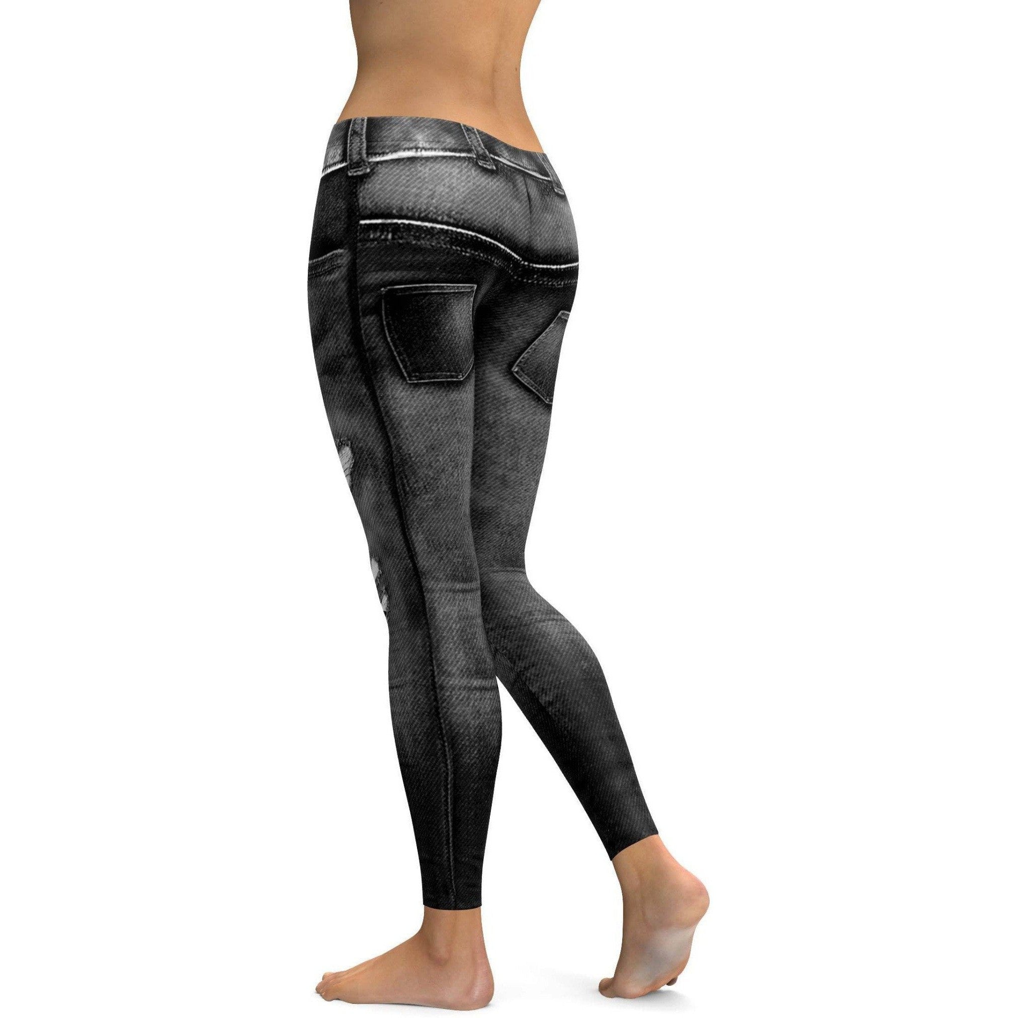 Womens Workout Yoga Realistic Black Distressed Denim Jeans Leggings | Gearbunch.com