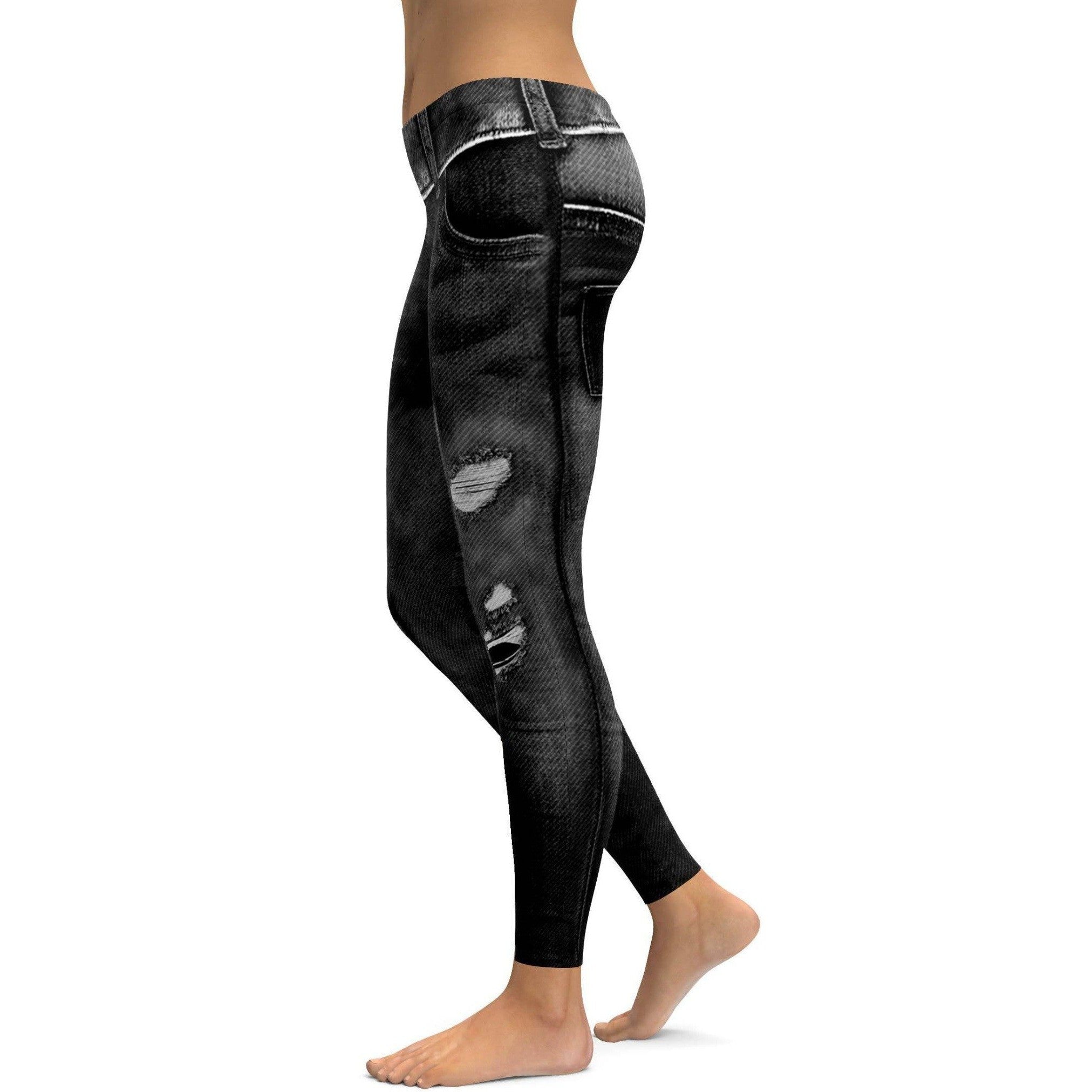 Womens Workout Yoga Realistic Black Distressed Denim Jeans Leggings | Gearbunch.com