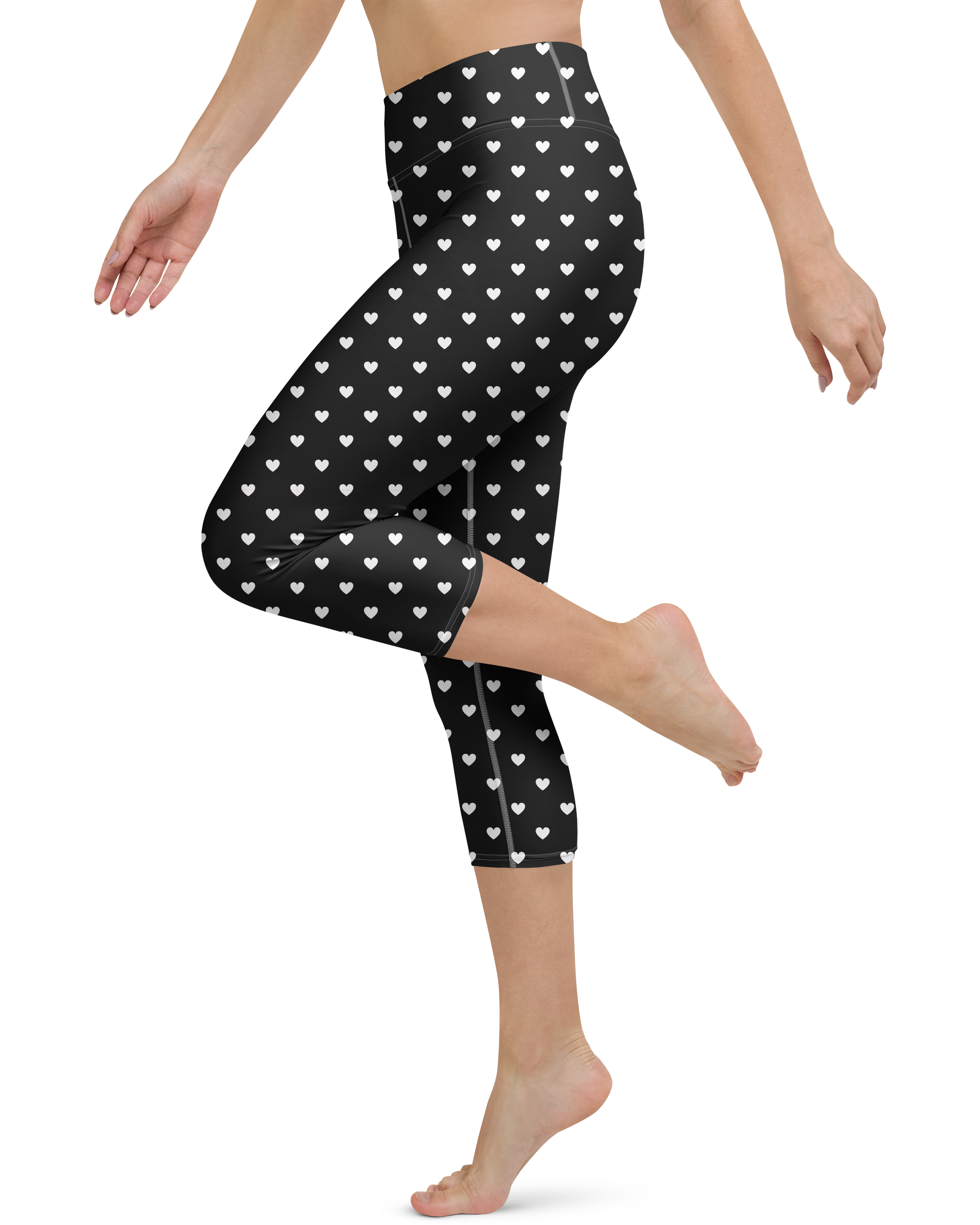 White Mini Hearts Black Yoga Capris - Gearbunch