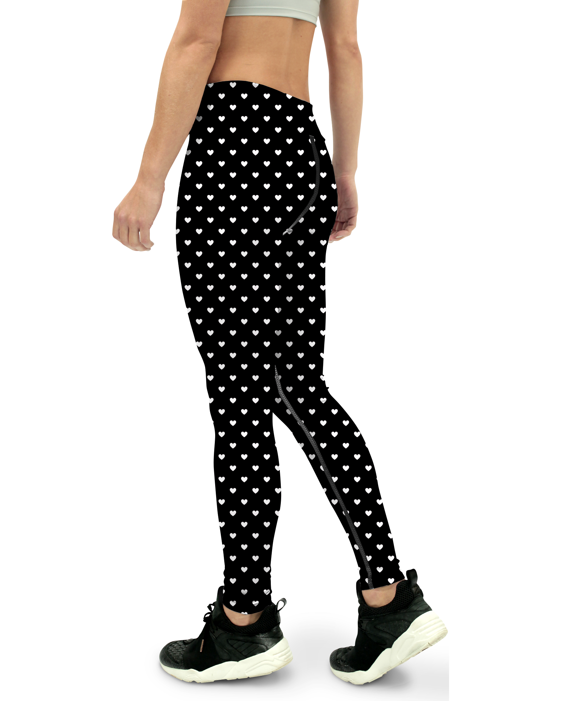 White Mini Hearts Black Yoga Pants - Gearbunch