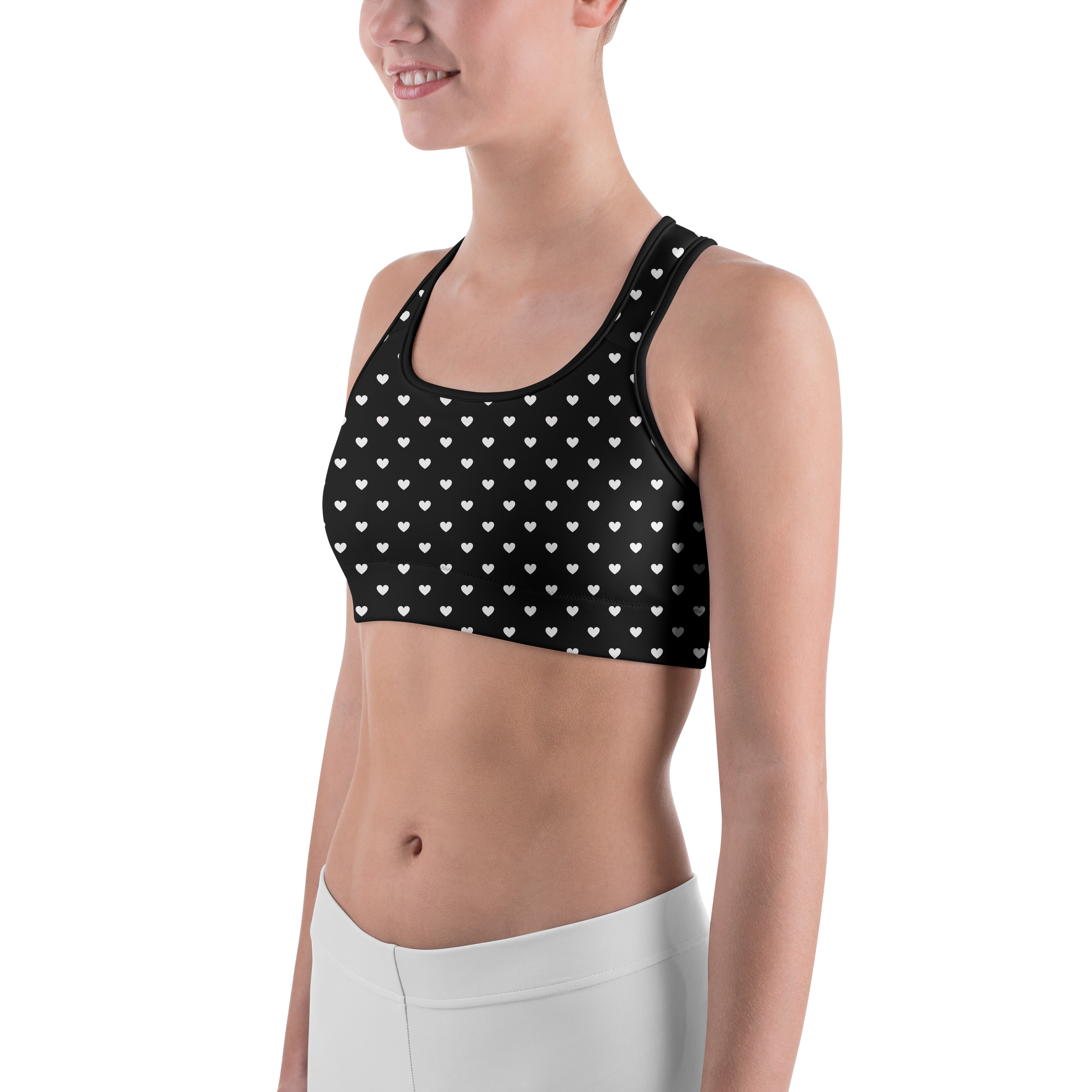 White Mini Hearts Black Sports Bra - Gearbunch