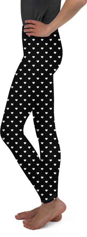 White Mini Hearts Black Youth Leggings - Gearbunch