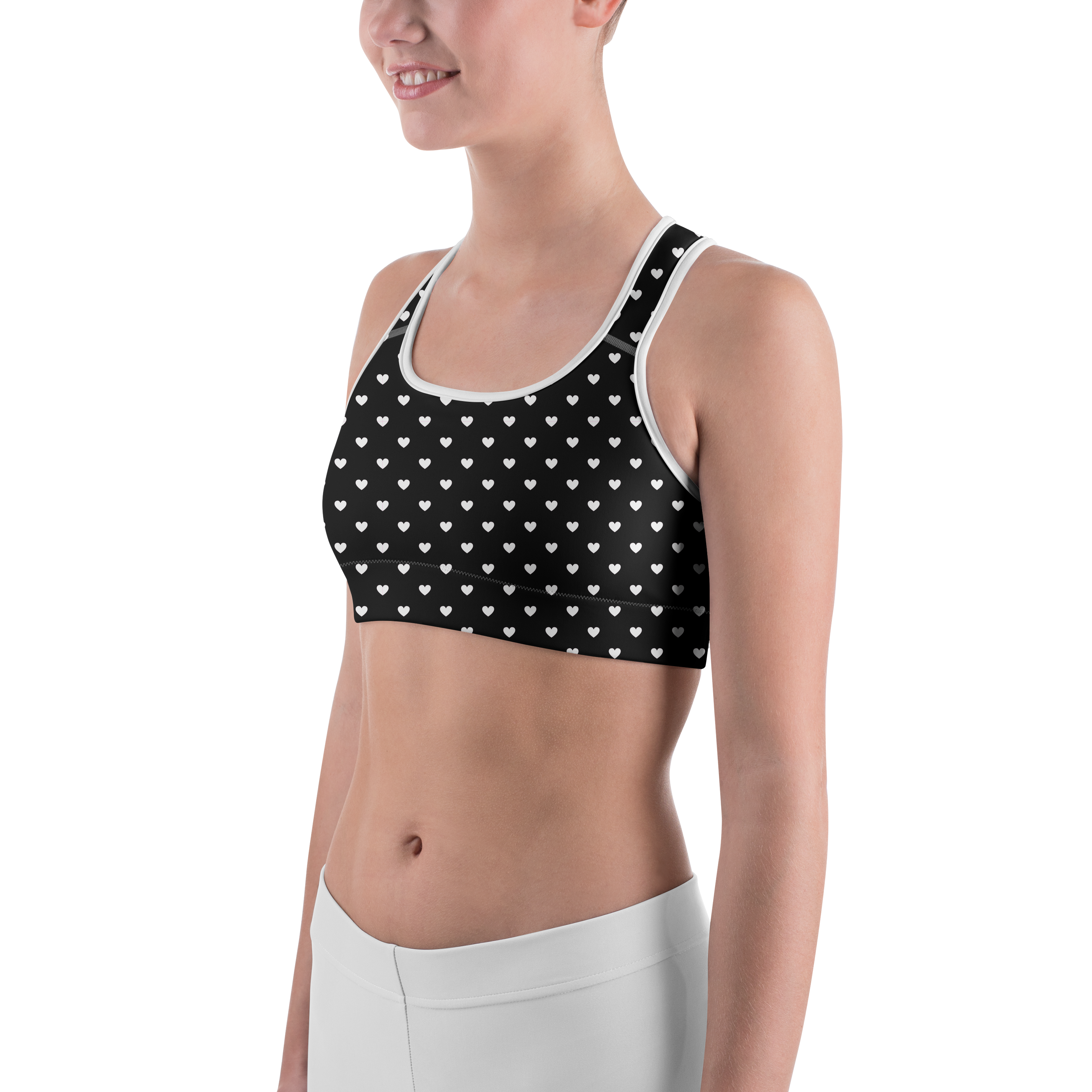 White Mini Hearts Black Sports Bra - Gearbunch