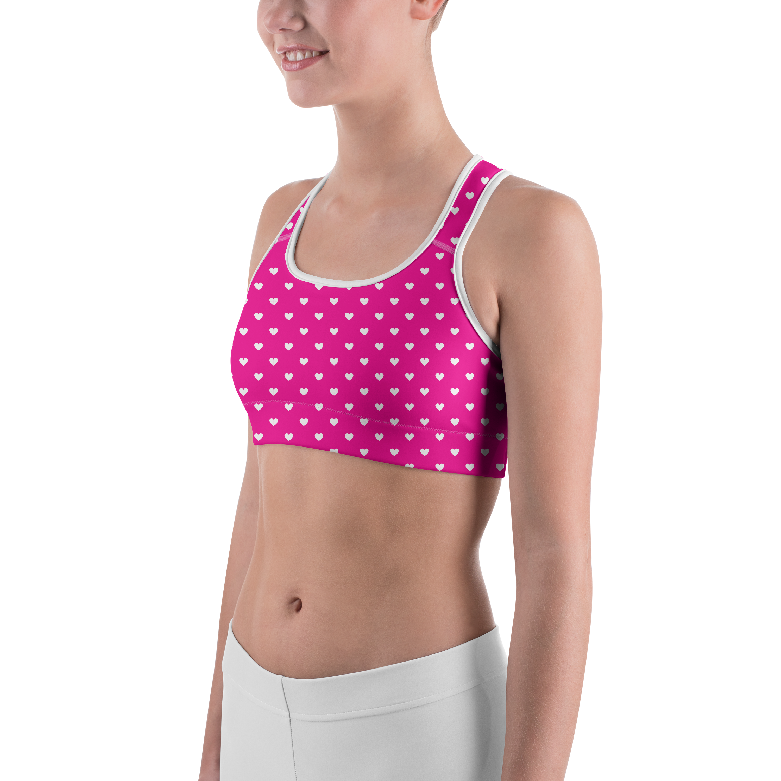 White Mini Hearts Pink Sports Bra - Gearbunch