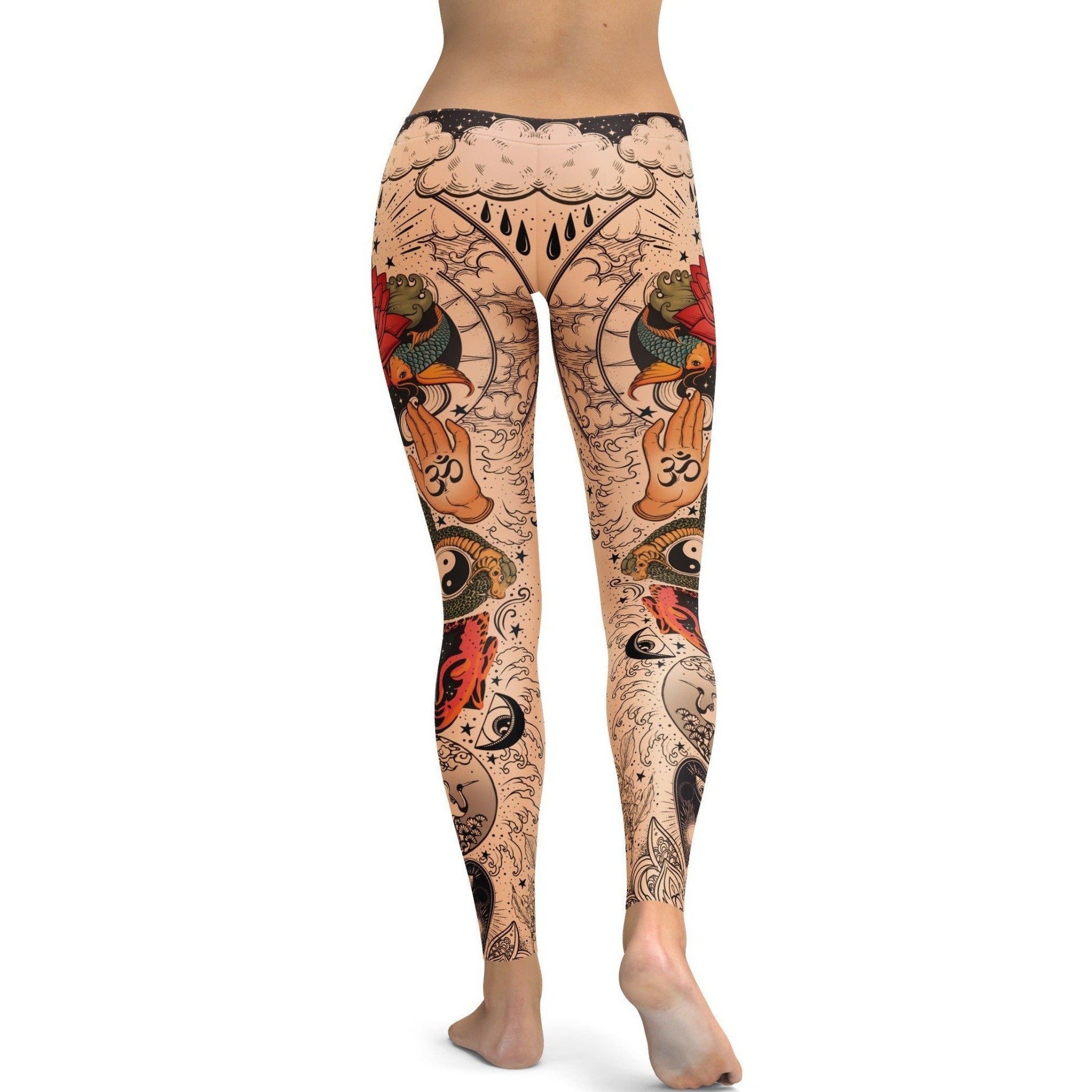 Womens Workout Yoga Tattooed Lotus Leggings Red/Cream/Black | Gearbunch.com