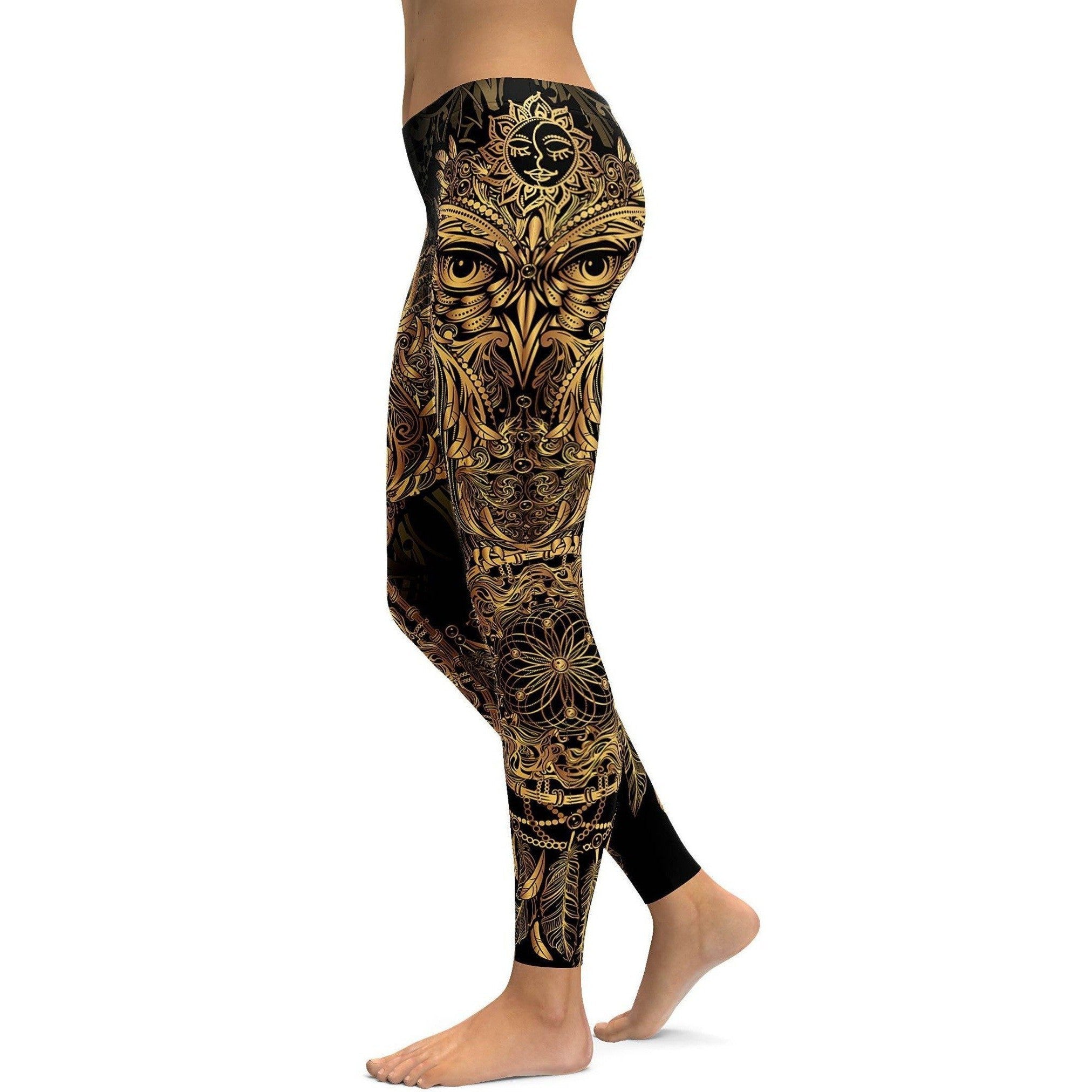 Womens Workout Yoga Golden Ornamental Owl Leggings Black/Gold | Gearbunch.com