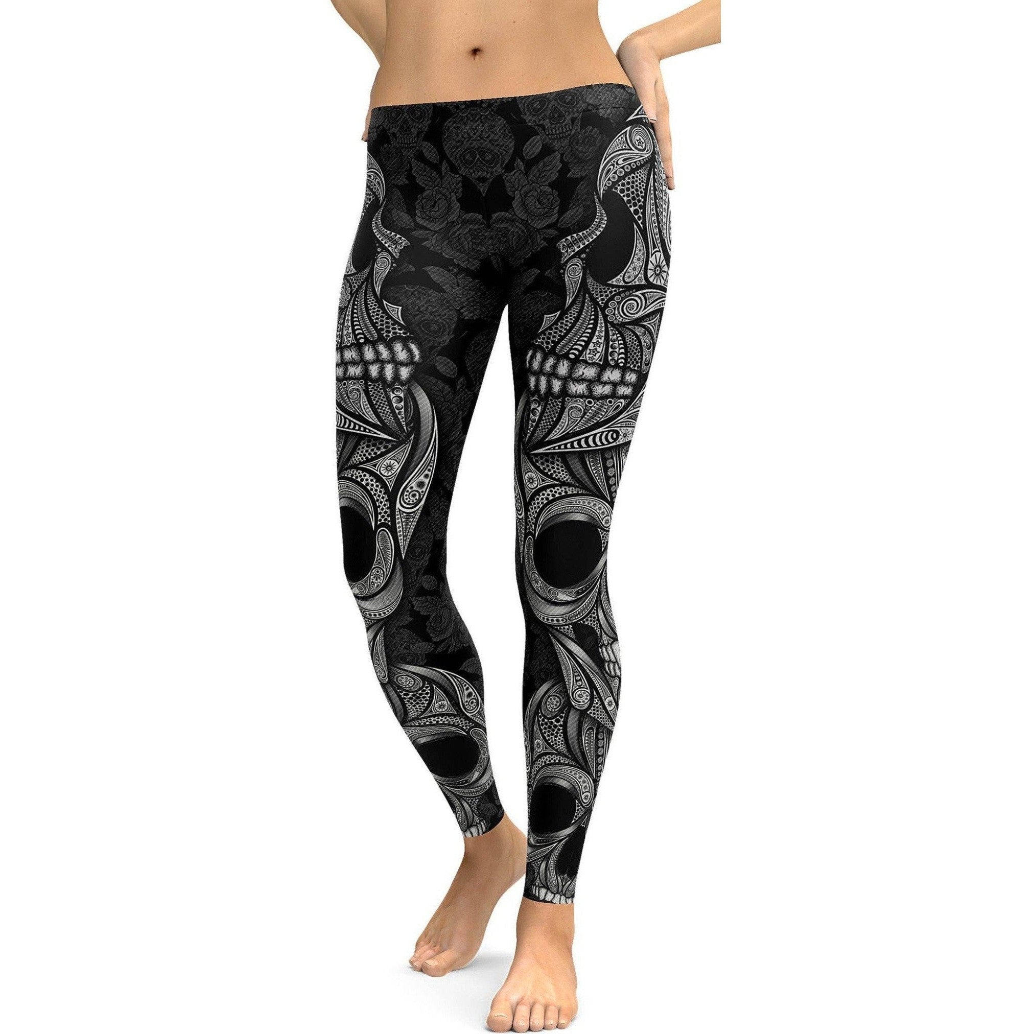 Womens Workout Yoga Ornamental Skull Leggings White/Black | Gearbunch.com