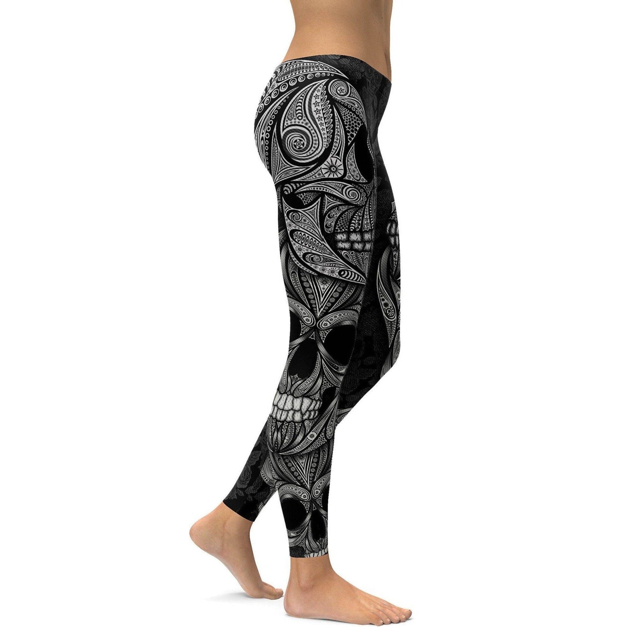 Womens Workout Yoga Ornamental Skull Leggings White/Black | Gearbunch.com