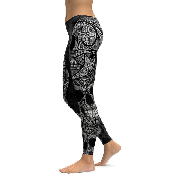 Womens Workout Yoga Ornamental Skull Leggings White/Black | Gearbunch.com