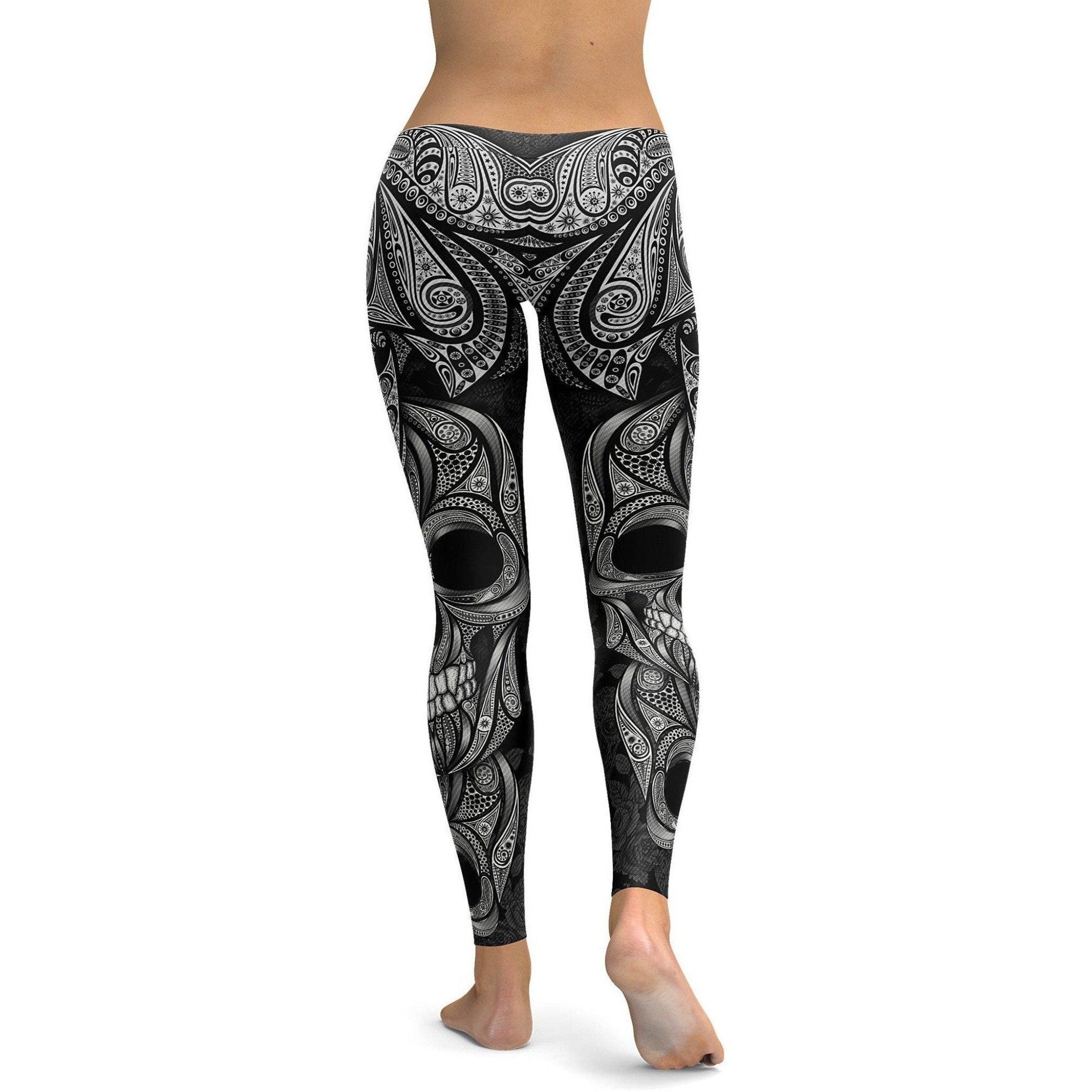 Womens Workout Yoga Ornamental Skull Leggings White/Black | Gearbunch.com