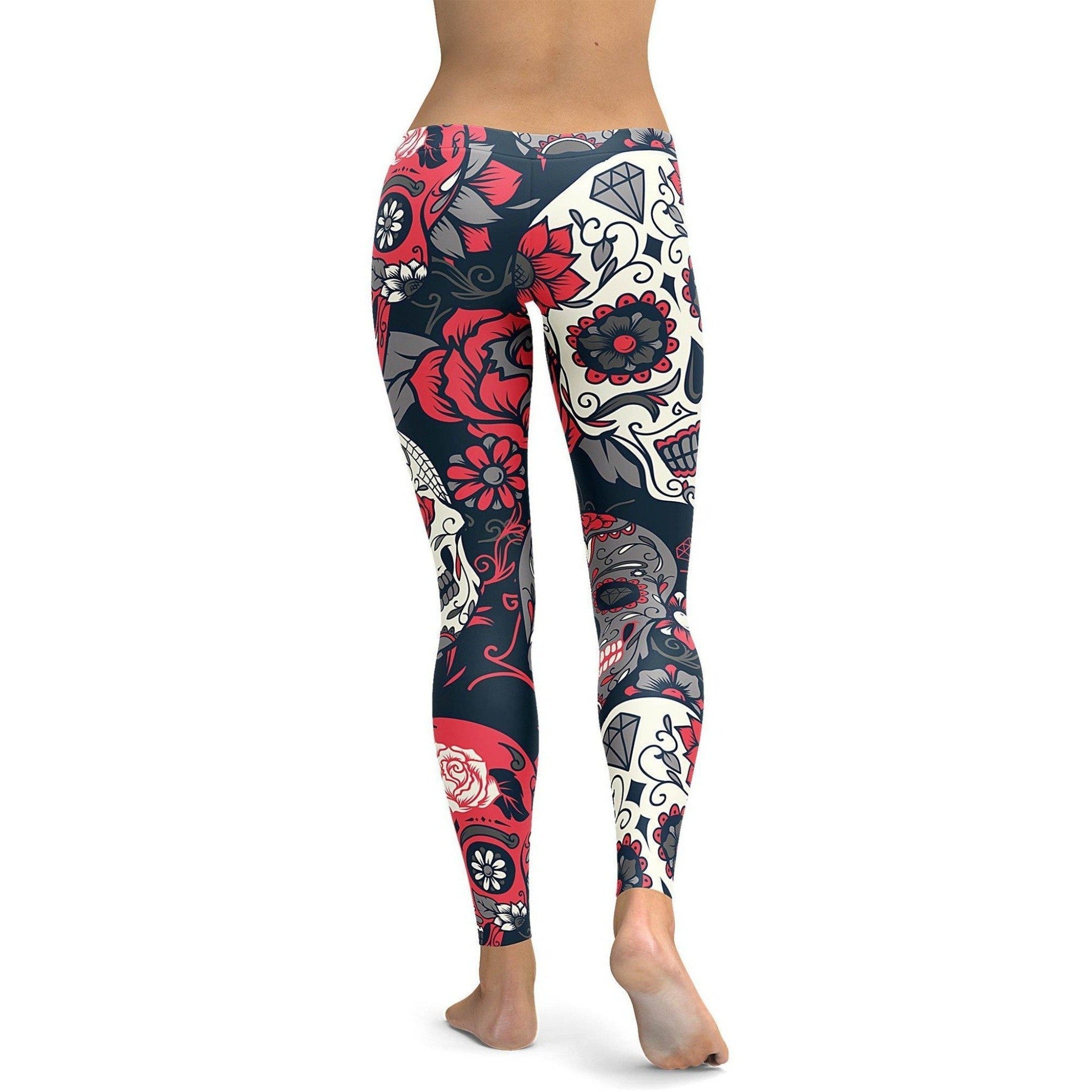 Womens Workout Yoga Pink Sugar Skull Leggings White/Black/Pink | Gearbunch.com