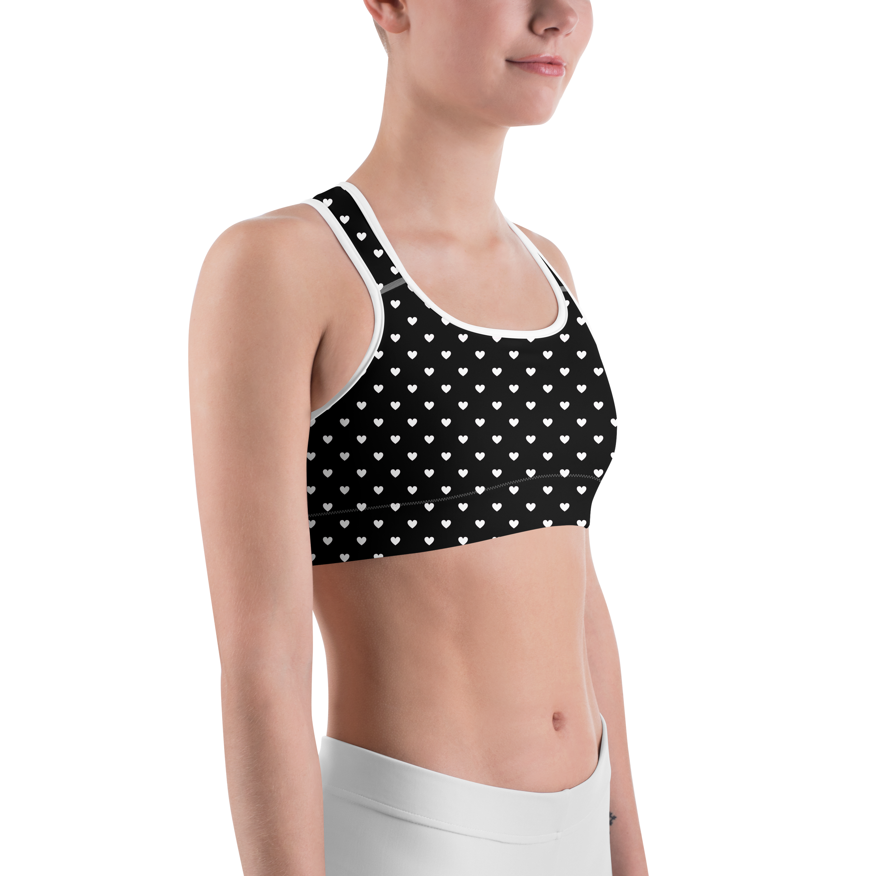 White Mini Hearts Black Sports Bra - Gearbunch