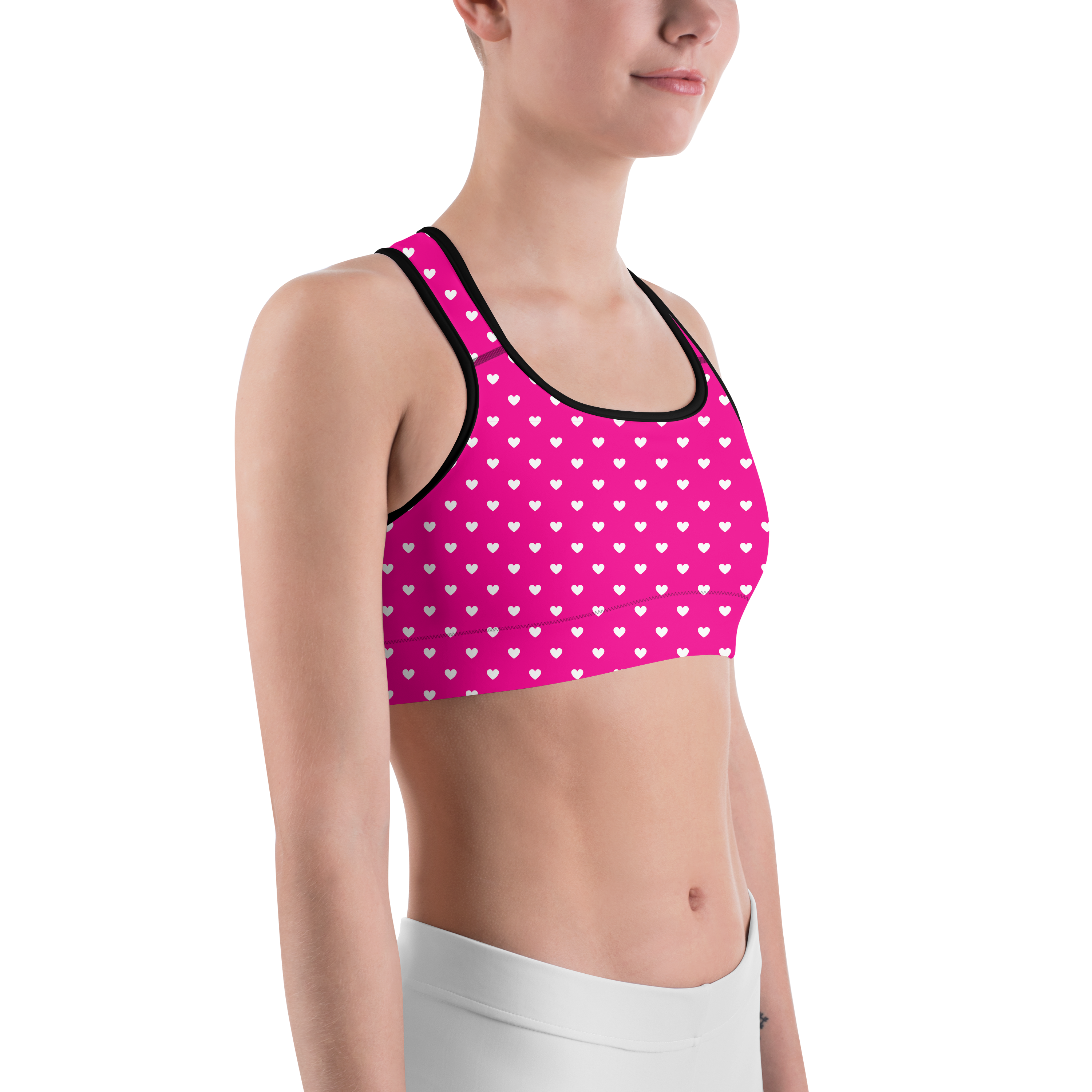 White Mini Hearts Pink Sports Bra - Gearbunch