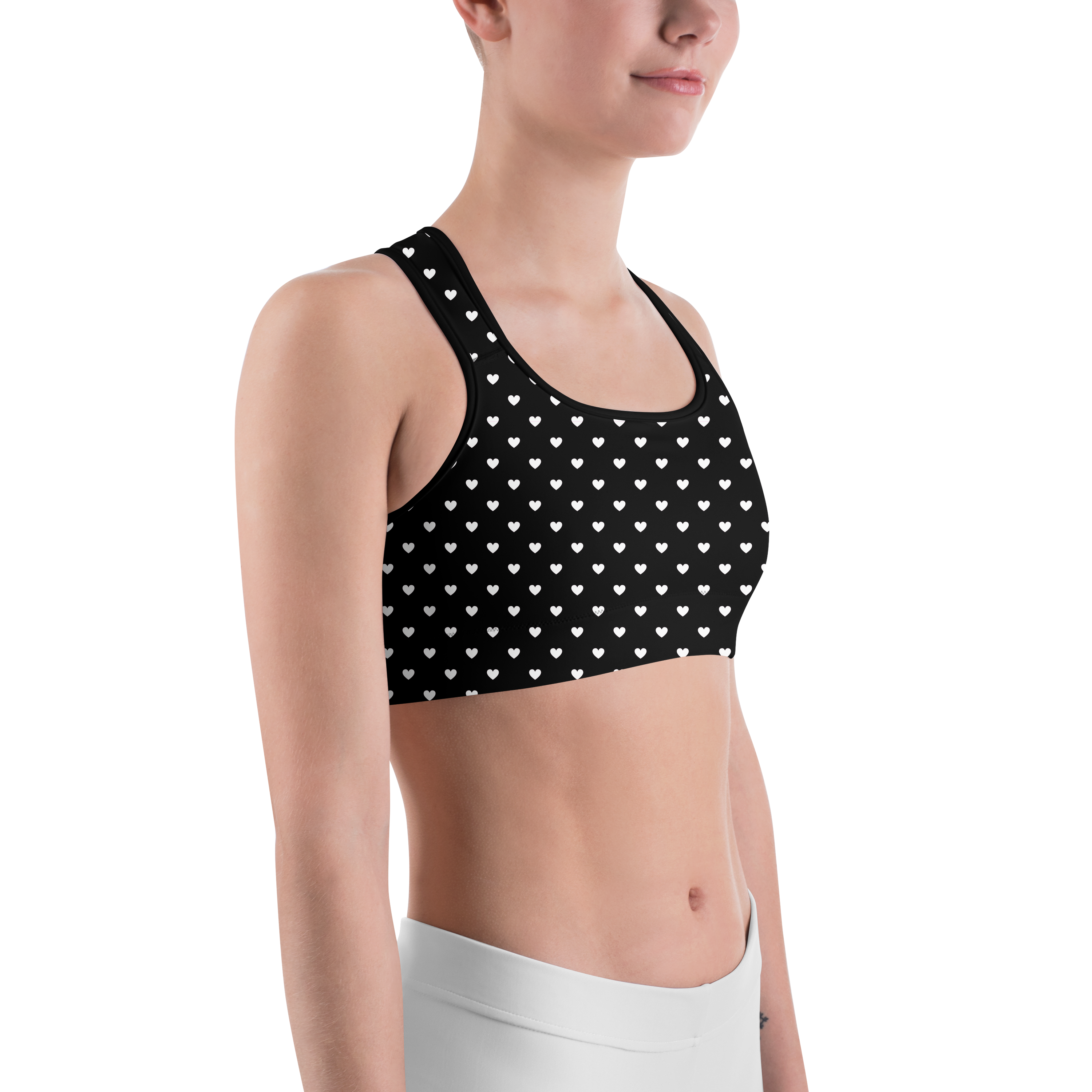 White Mini Hearts Black Sports Bra - Gearbunch