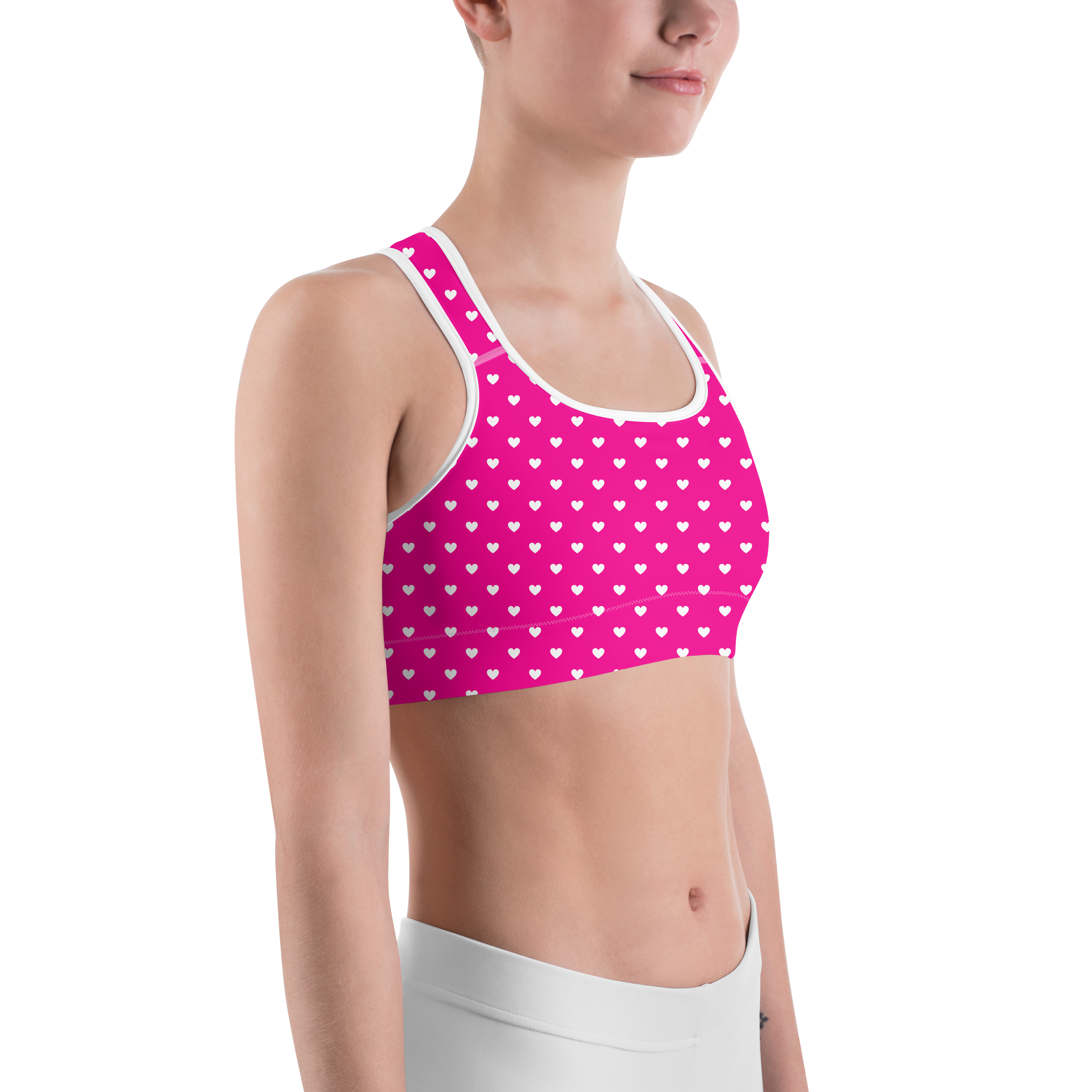 White Mini Hearts Pink Sports Bra - Gearbunch