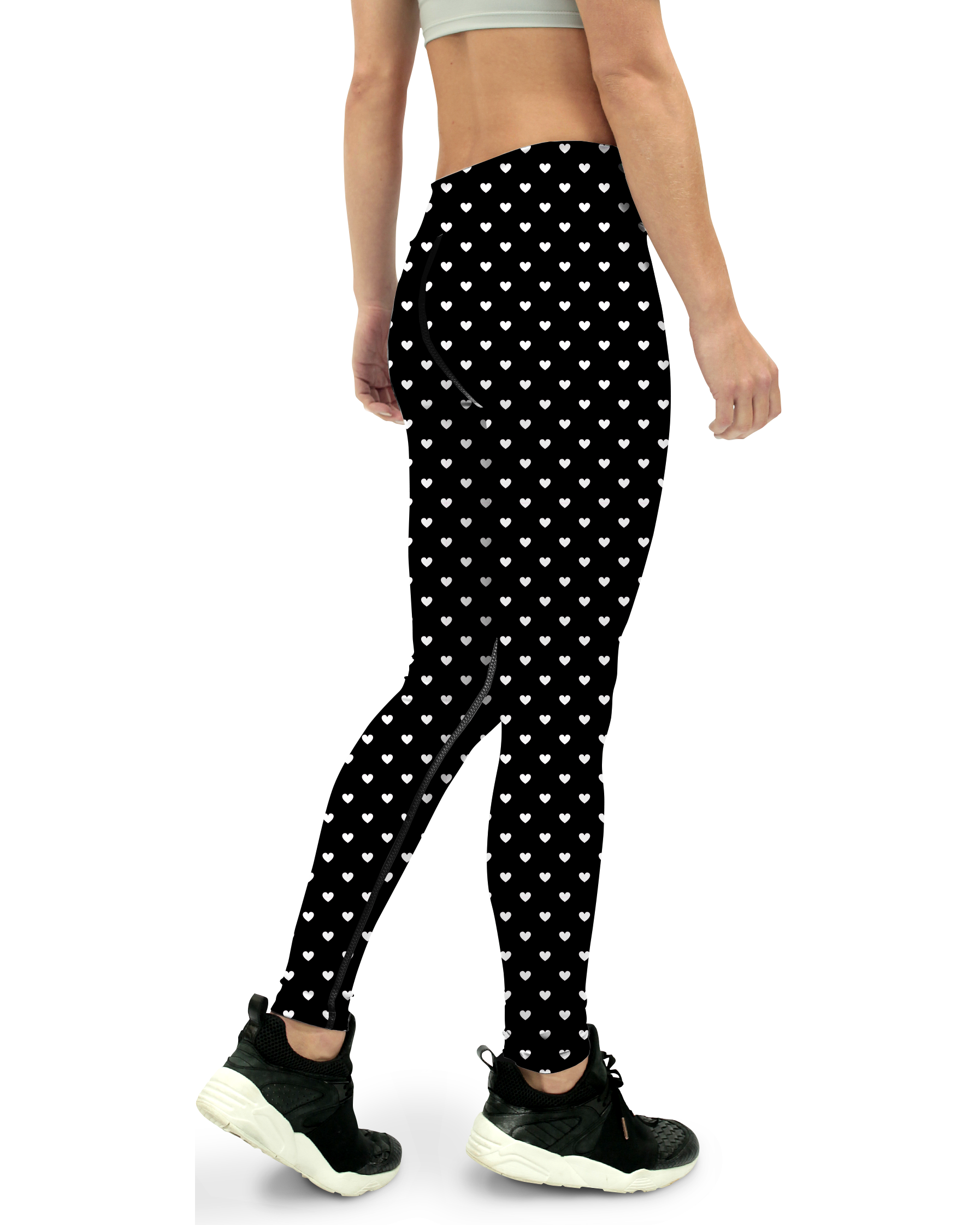 White Mini Hearts Black Yoga Pants - Gearbunch