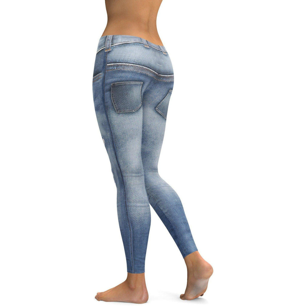 Womens Workout Yoga Realistic Denim Jeans Leggings Blue/Light Blue